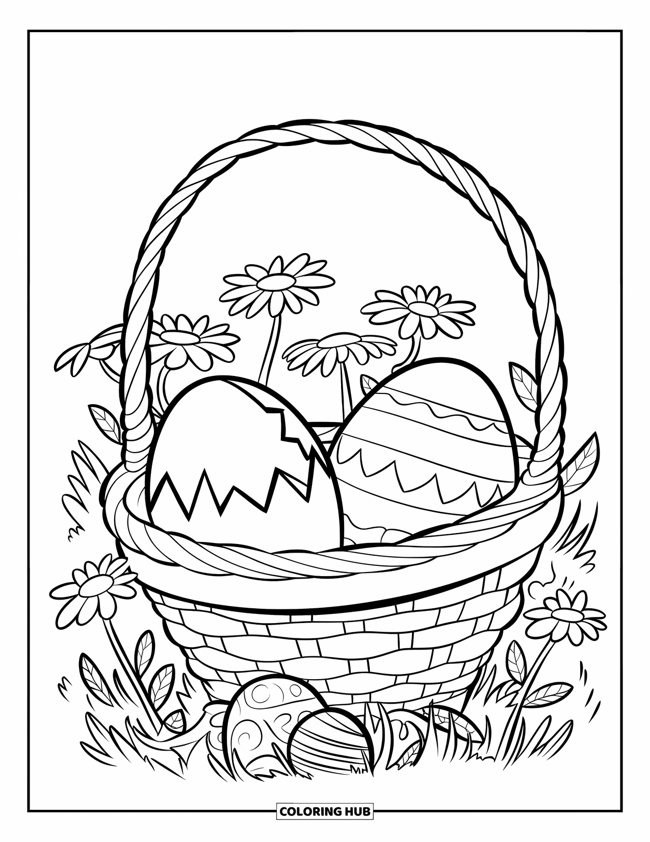 Easter Basket Coloring Page for Kids: A tilted basket among daisies shows a cracked egg with a toy inside