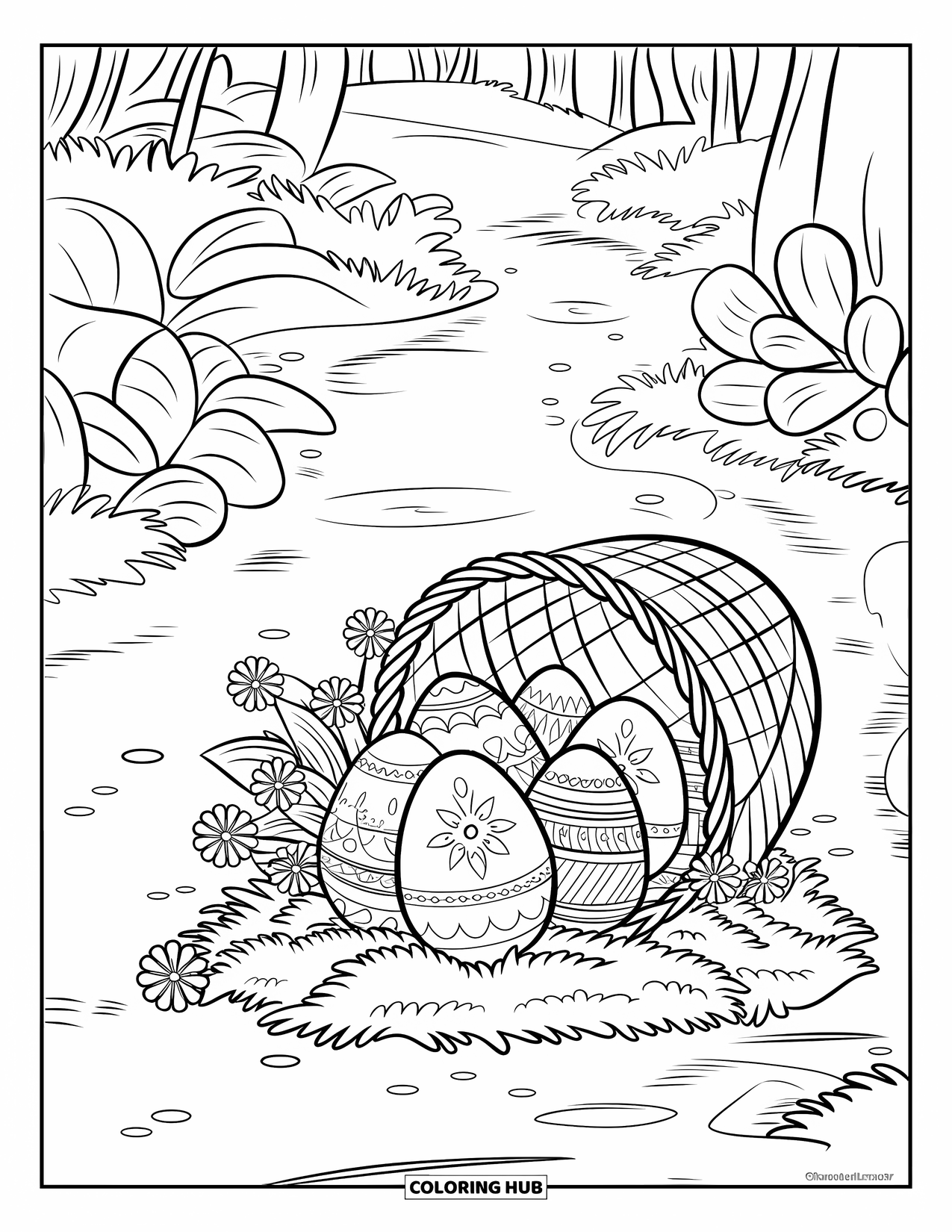 Easter Basket Coloring Page for Kids: A tipped basket of patterned eggs and flowers rests on moss in the forest