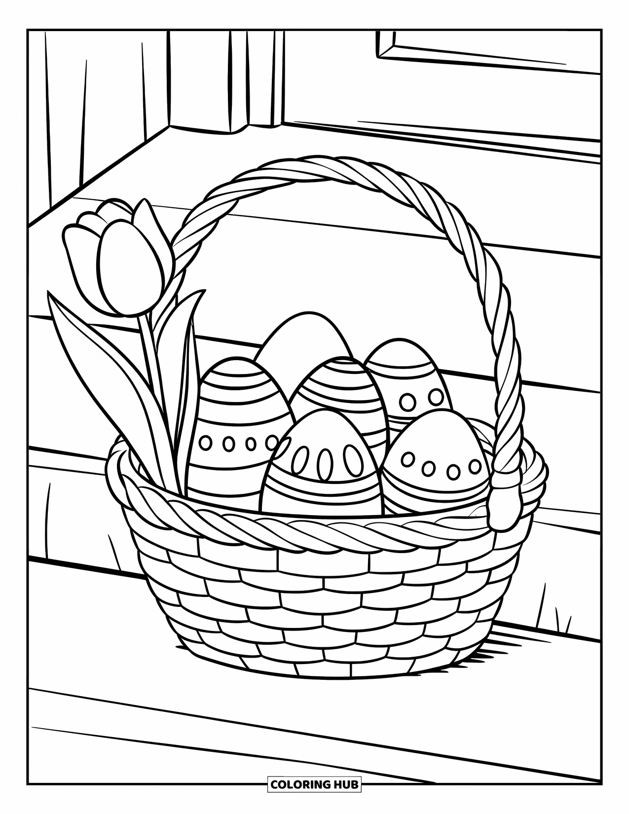 Easter Basket Coloring Page for Kids: A tulip leans on an Easter basket of eggs resting on a porch step