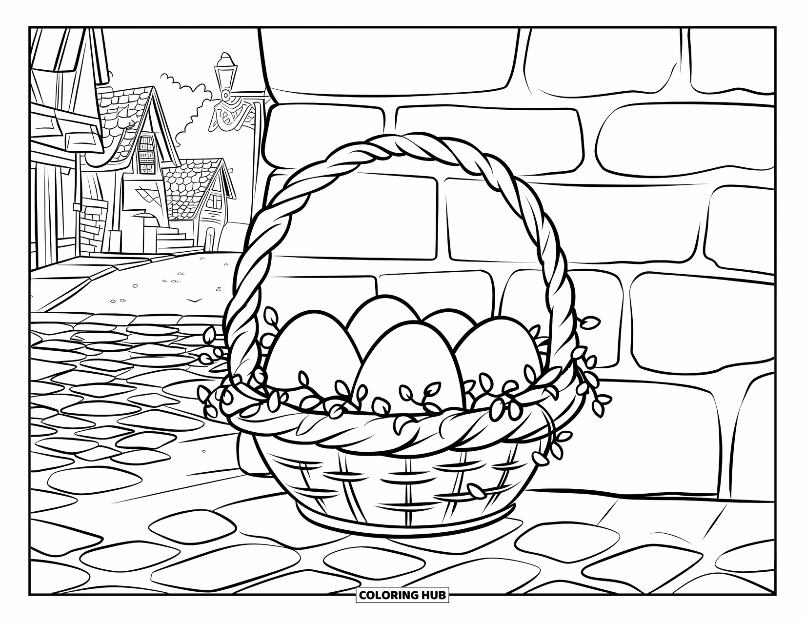 Easter Basket Coloring Page for Kids: A vine-wrapped basket of glowing eggs sits by a cobblestone path in a village