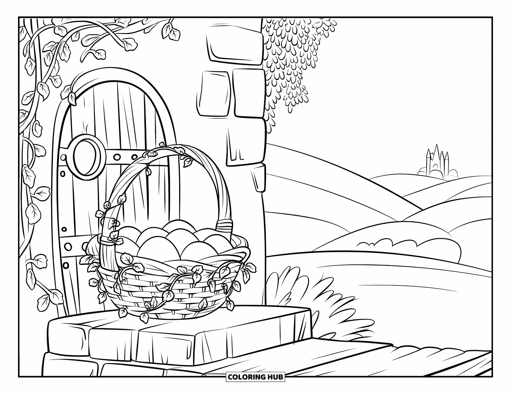 Easter Basket Coloring Page for Kids: A vine-wrapped basket of glowing eggs sits on a wooden platform near a castle