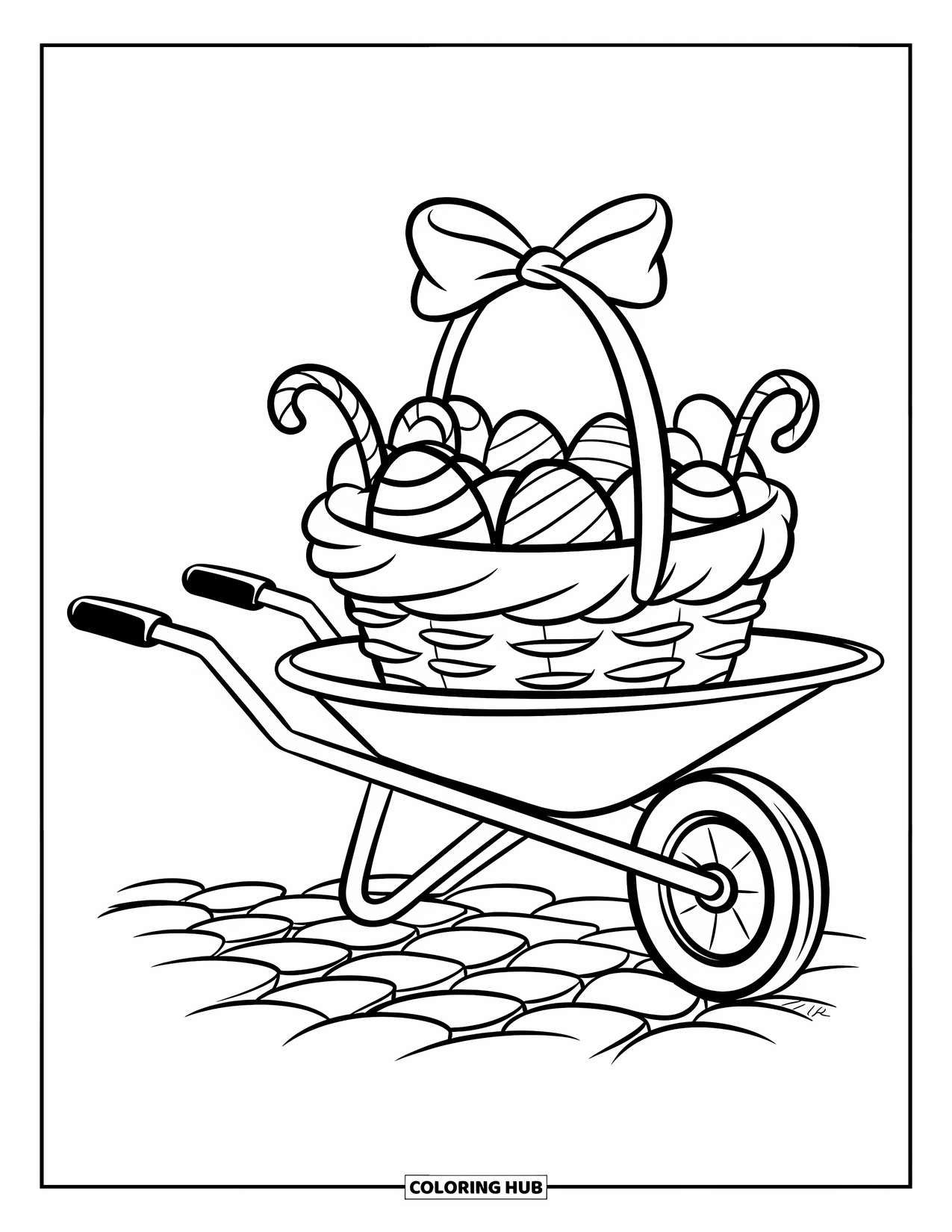 Easter Basket Coloring Page for Kids: A wheelbarrow holds a basket filled with candy swirls, eggs, and a bow