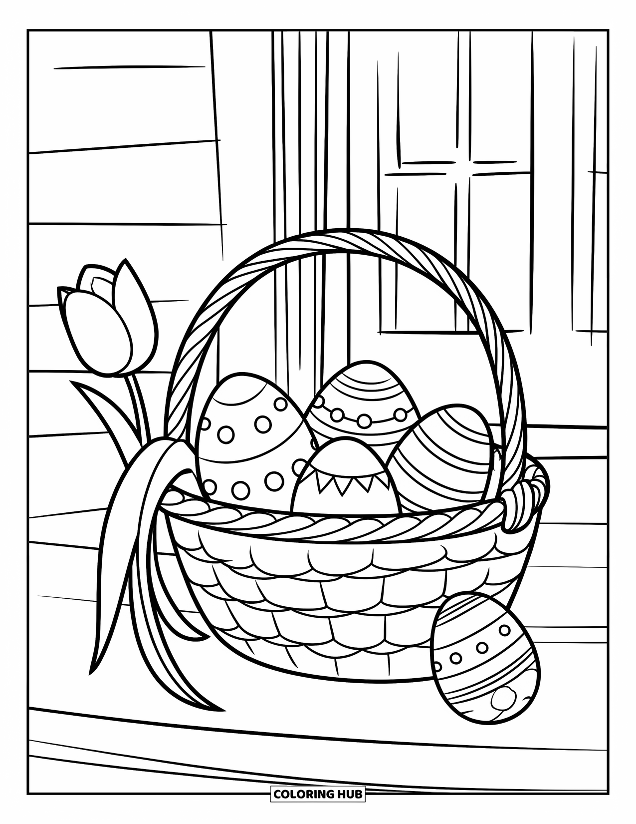 Easter Basket Coloring Page for Kids: An Easter basket with eggs and a tulip rests on a porch step