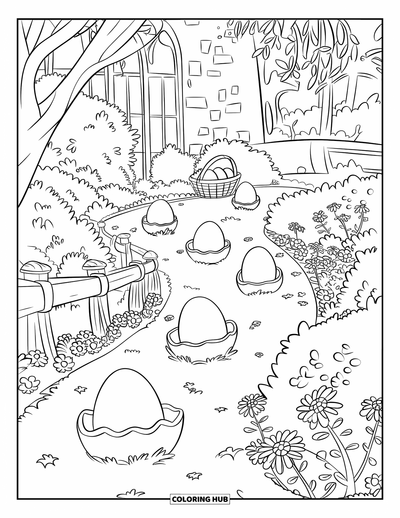 Easter Basket Coloring Page for Kids: Floating eggs form a dreamy path leading to a basket in a secret garden