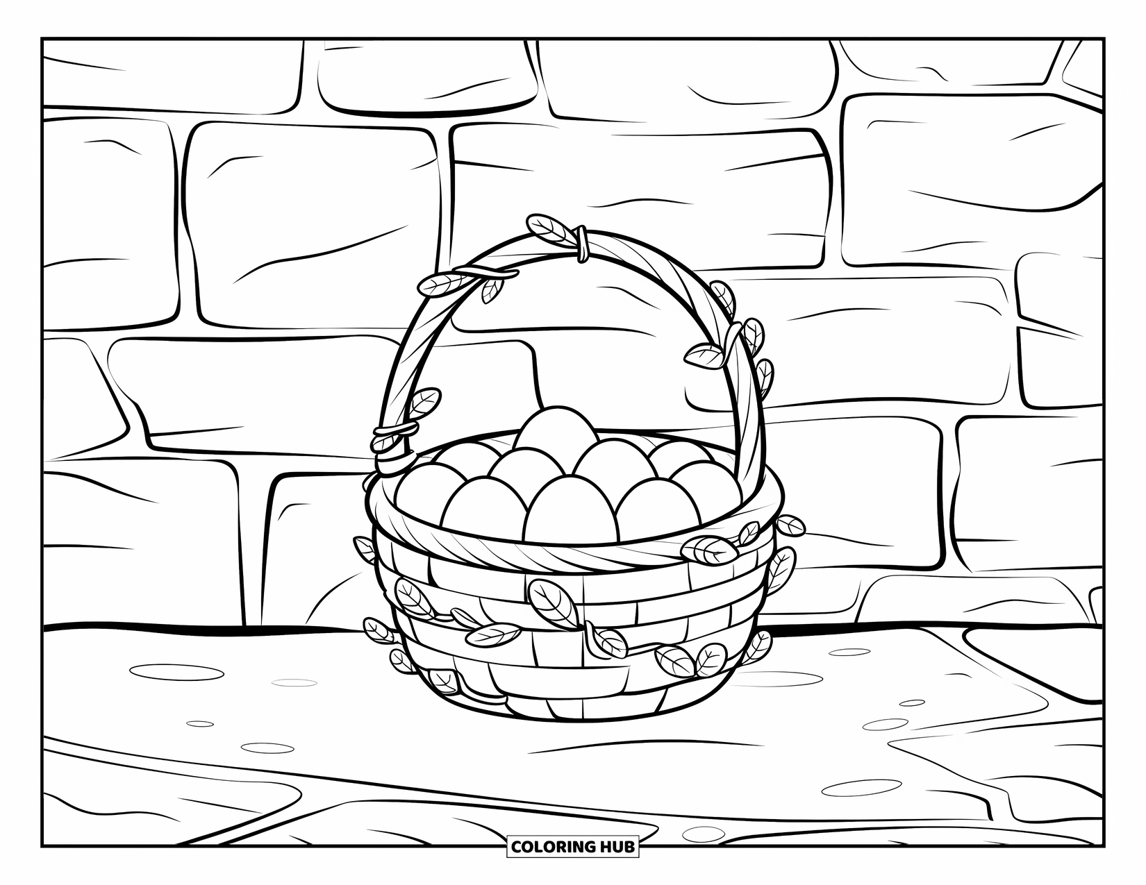 Easter Basket Coloring Page for Kids: Glowing eggs in a vine-wrapped basket rest against a cracked stone wall