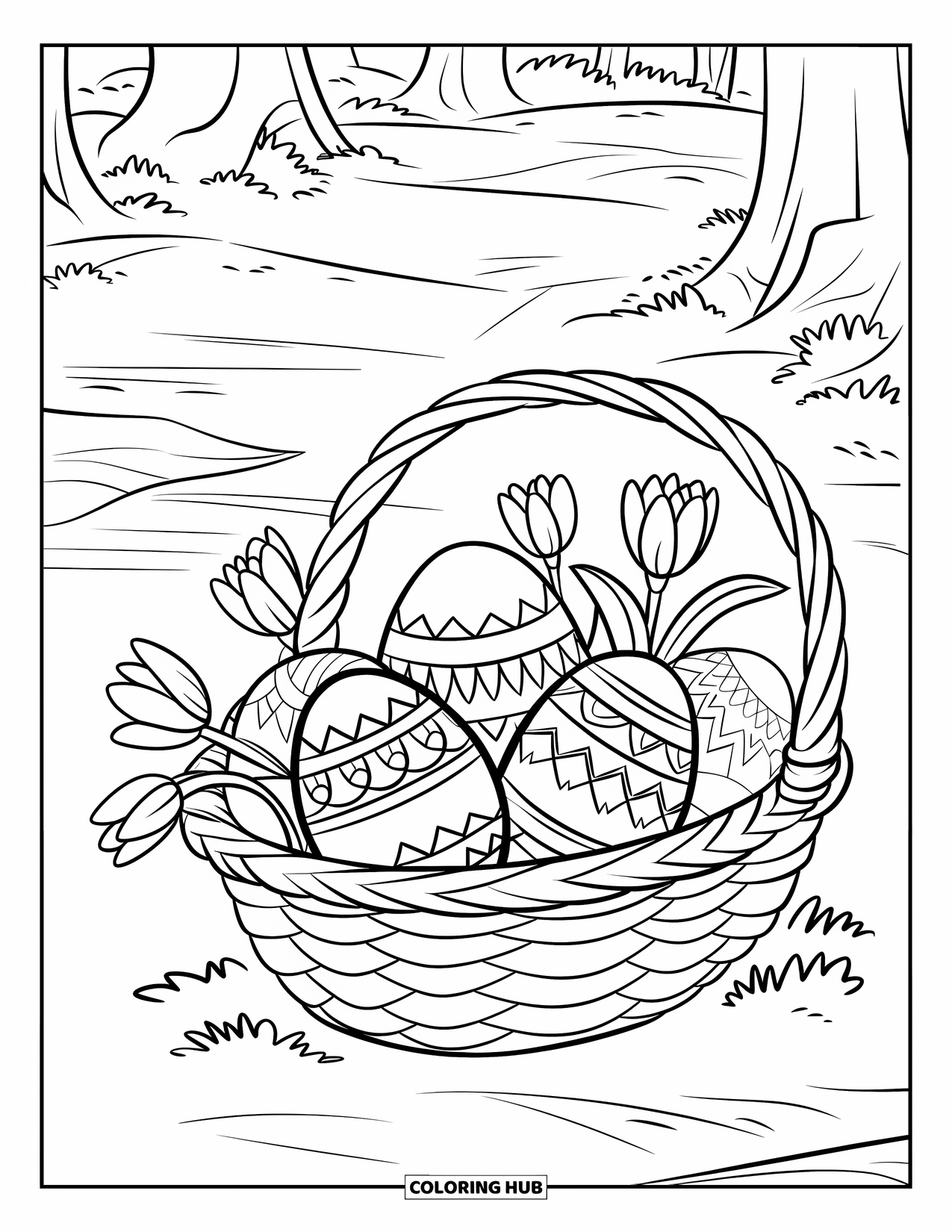 Easter Basket Coloring Page for Kids: Ornate eggs and flowers spill from a basket onto moss in a forest
