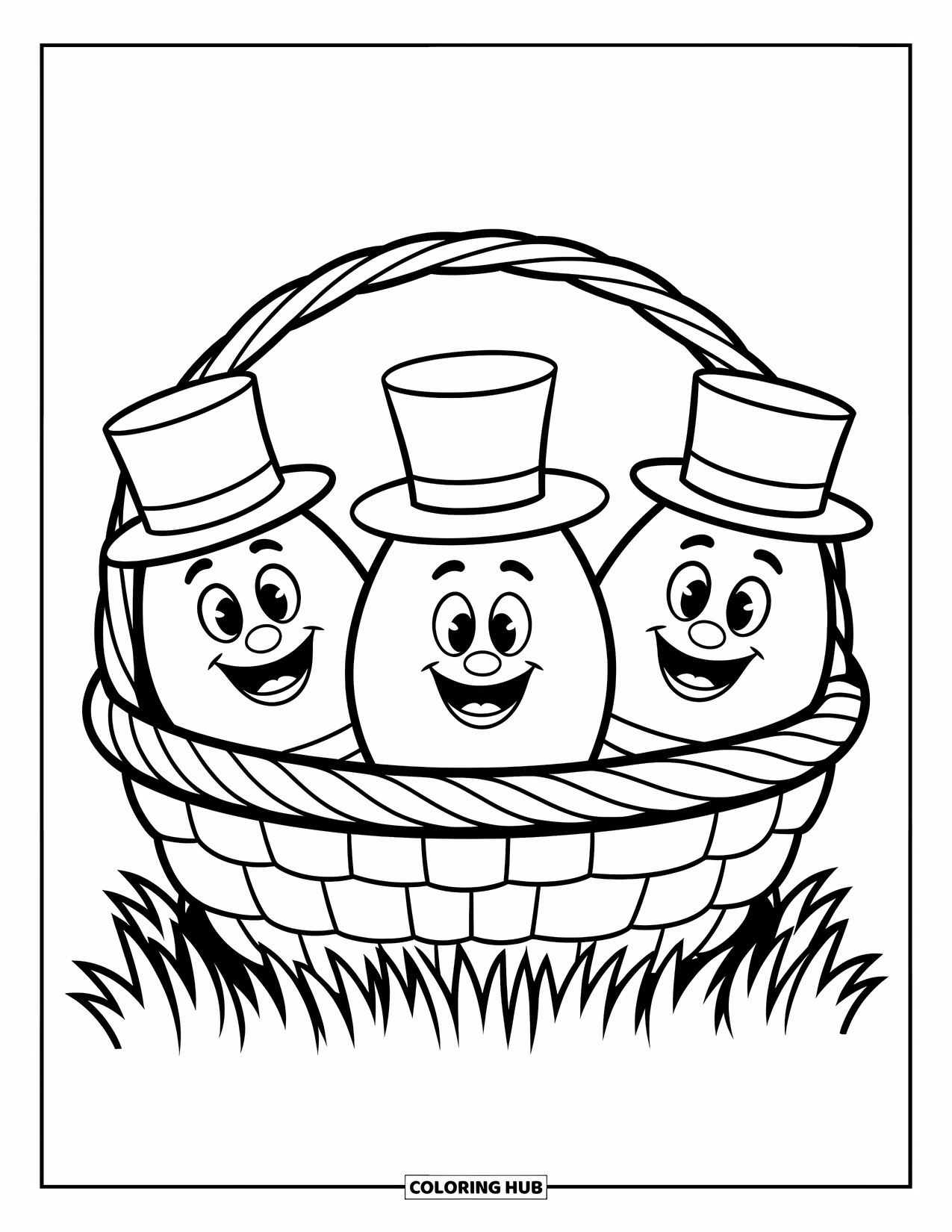 Easter Basket Coloring Page for Kids: Three chunky eggs in hats rest inside a basket placed on green grass