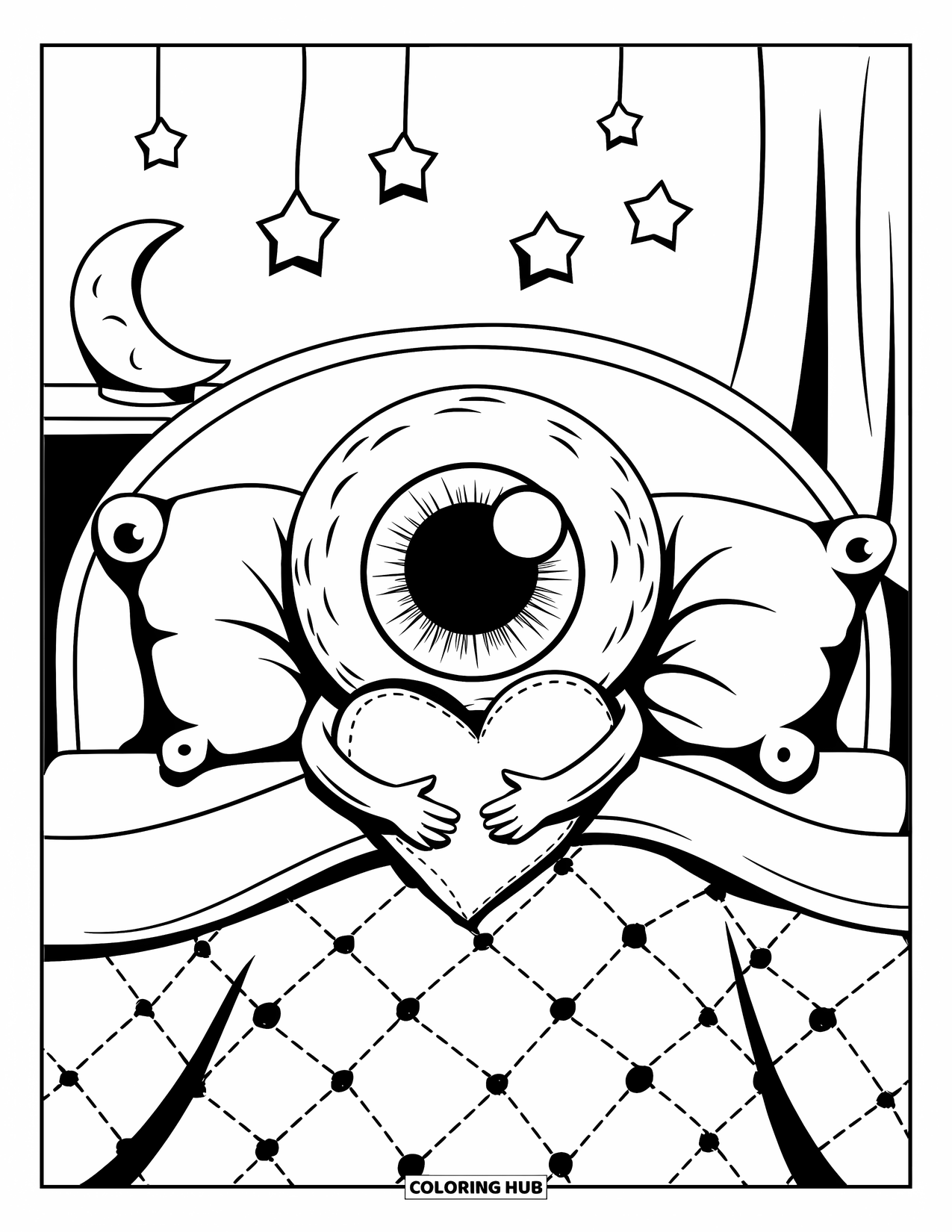 Eye Coloring Page for Adults: A cozy eye character sleeps in bed with a heart plush and twinkling stars