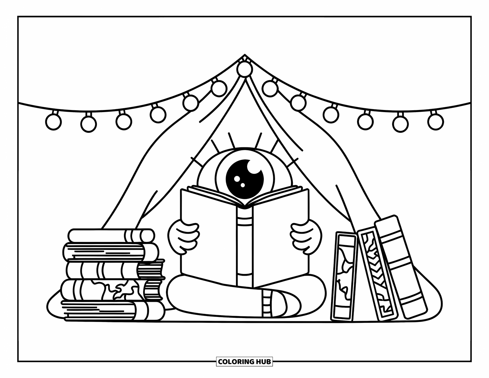 Eye Coloring Page for Adults: A cozy eye peeks from a book under a blanket fort surrounded by books and maps