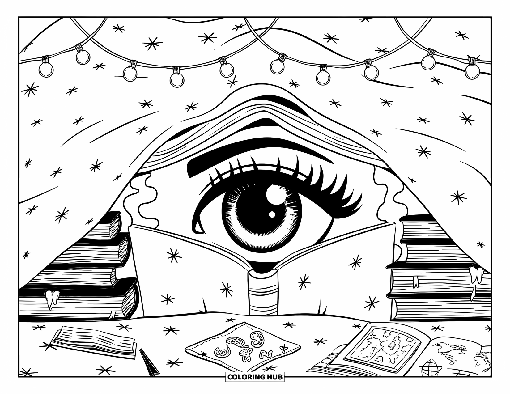 Eye Coloring Page for Adults: A cross-legged eye reads in a cozy blanket fort filled with books and fairy lights