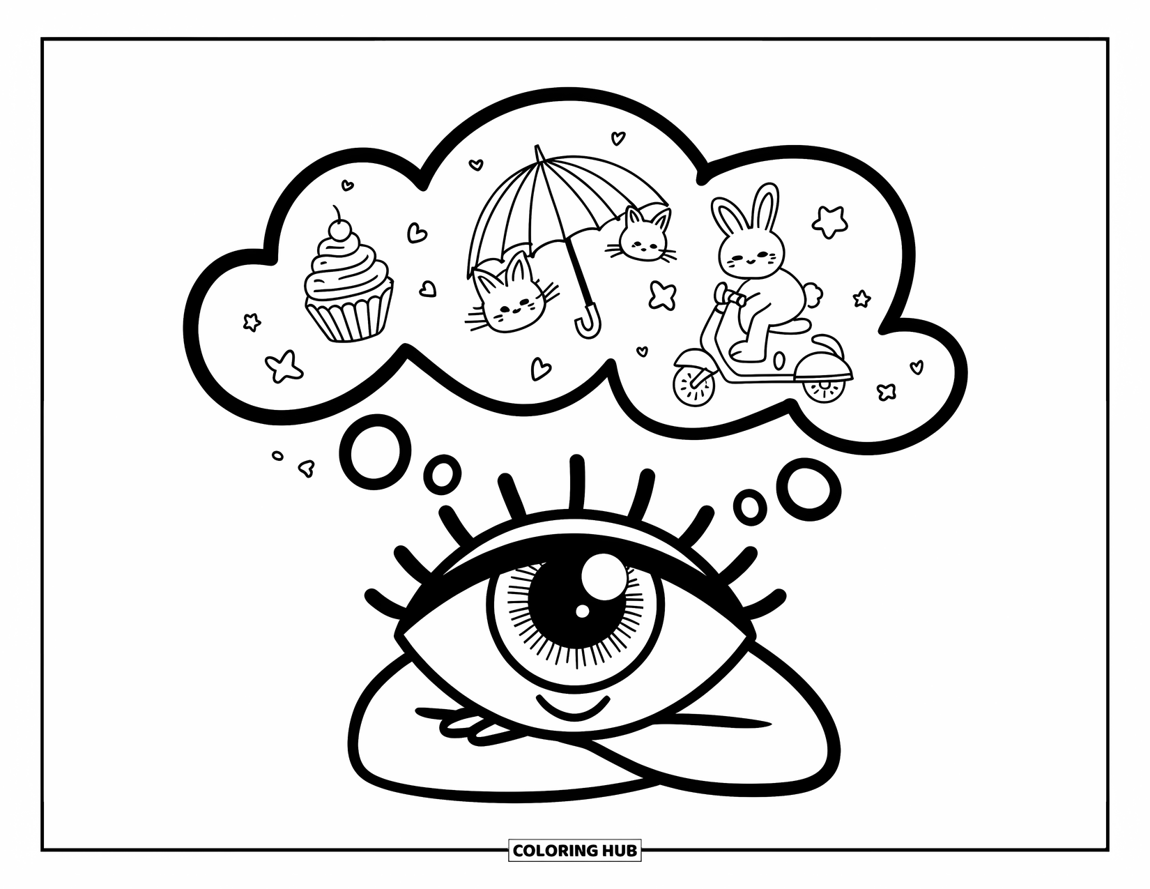 Eye Coloring Page for Adults: A dreamy eye surrounded by thought bubbles of cupcakes, kittens, and a bunny on a scooter