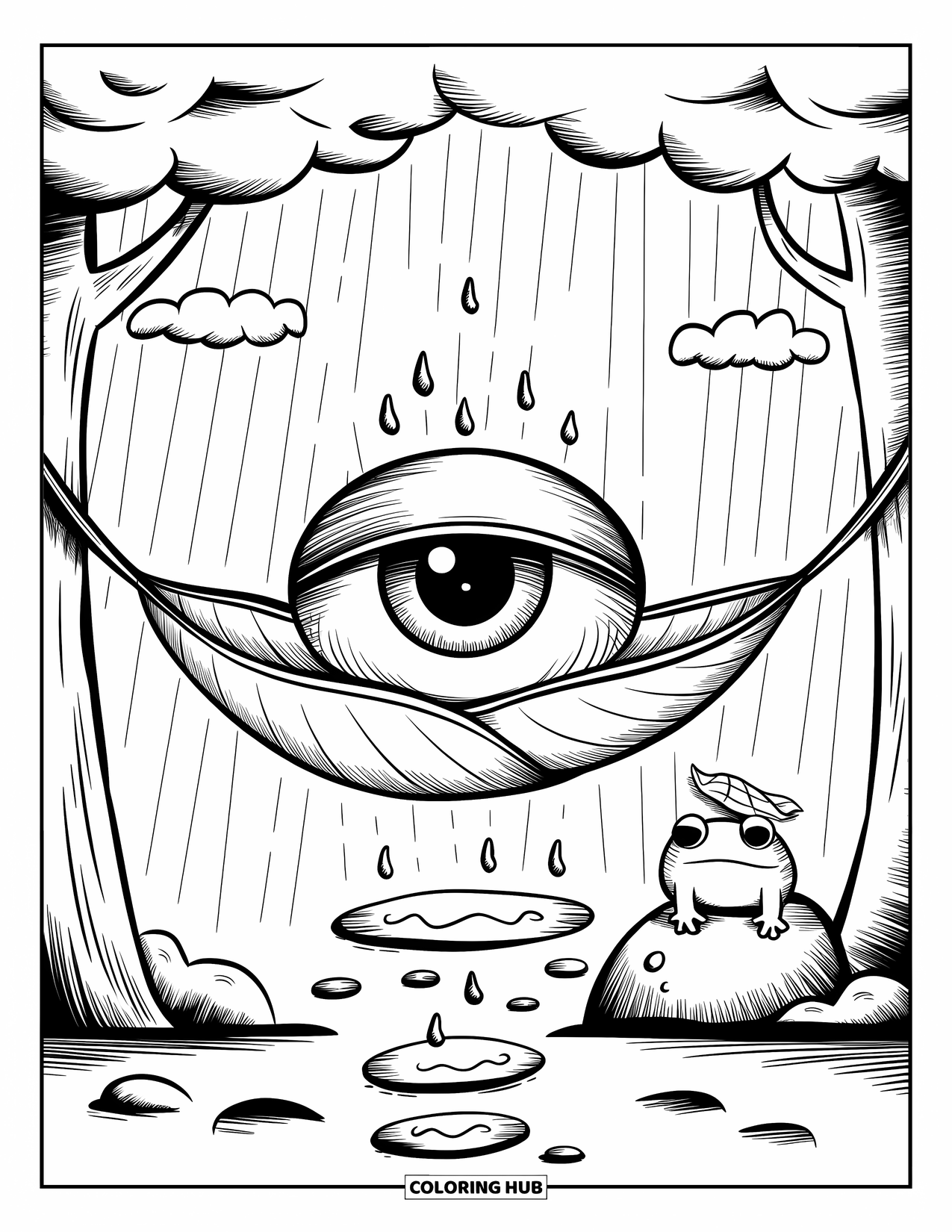 Eye Coloring Page for Adults: A gentle crying eye on a leaf hammock with a frog sitting nearby