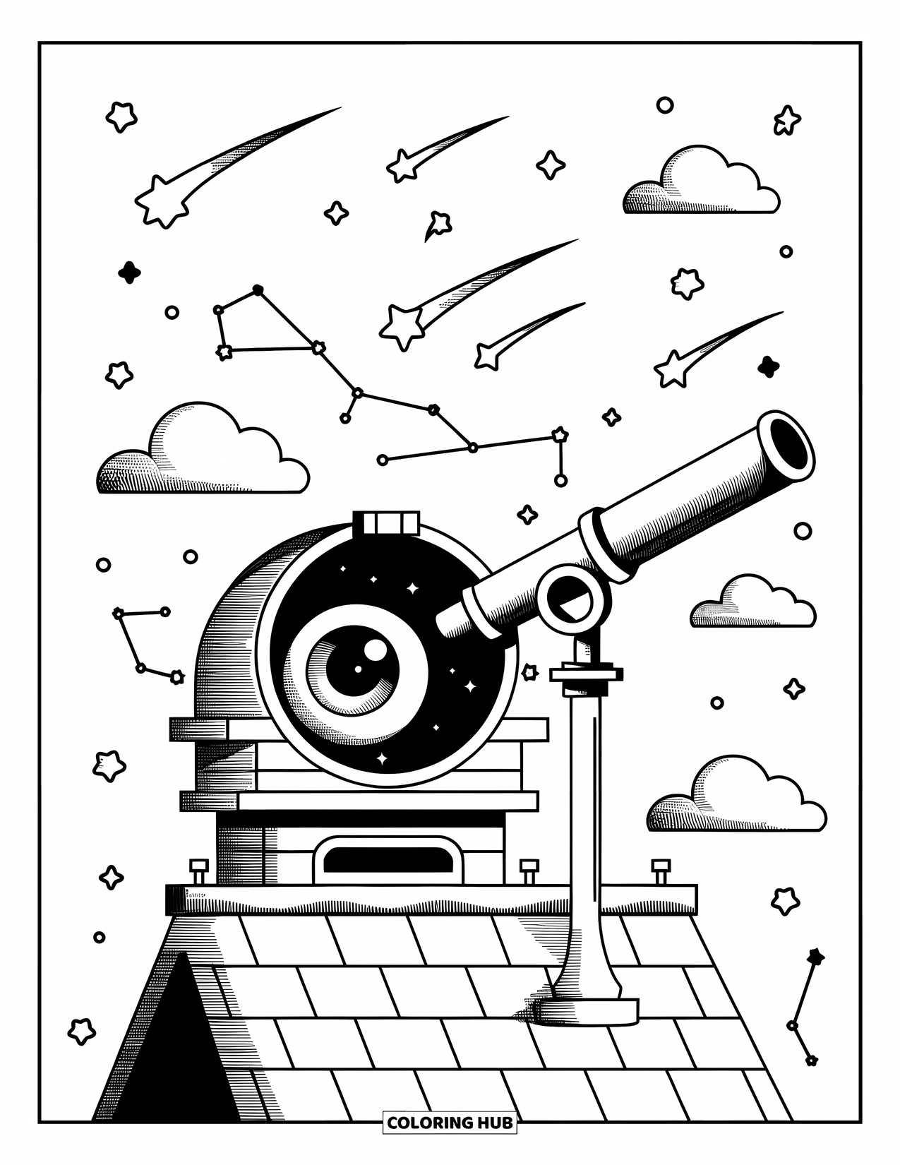 Eye Coloring Page for Adults: An eye gazes through a telescope from a cozy rooftop observatory under shooting stars