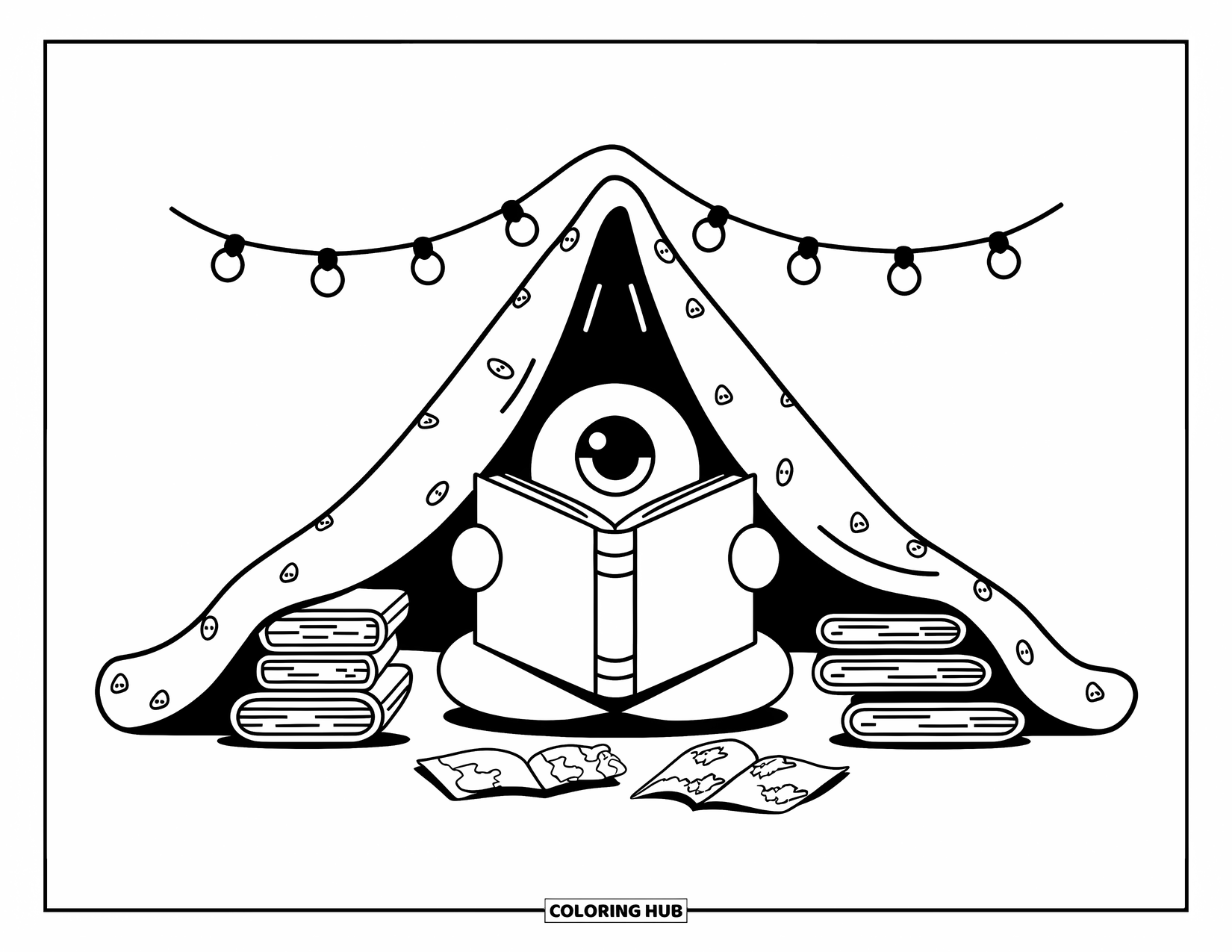 Eye Coloring Page for Adults: An eye hides behind a book inside a blanket fort with fairy lights and maps
