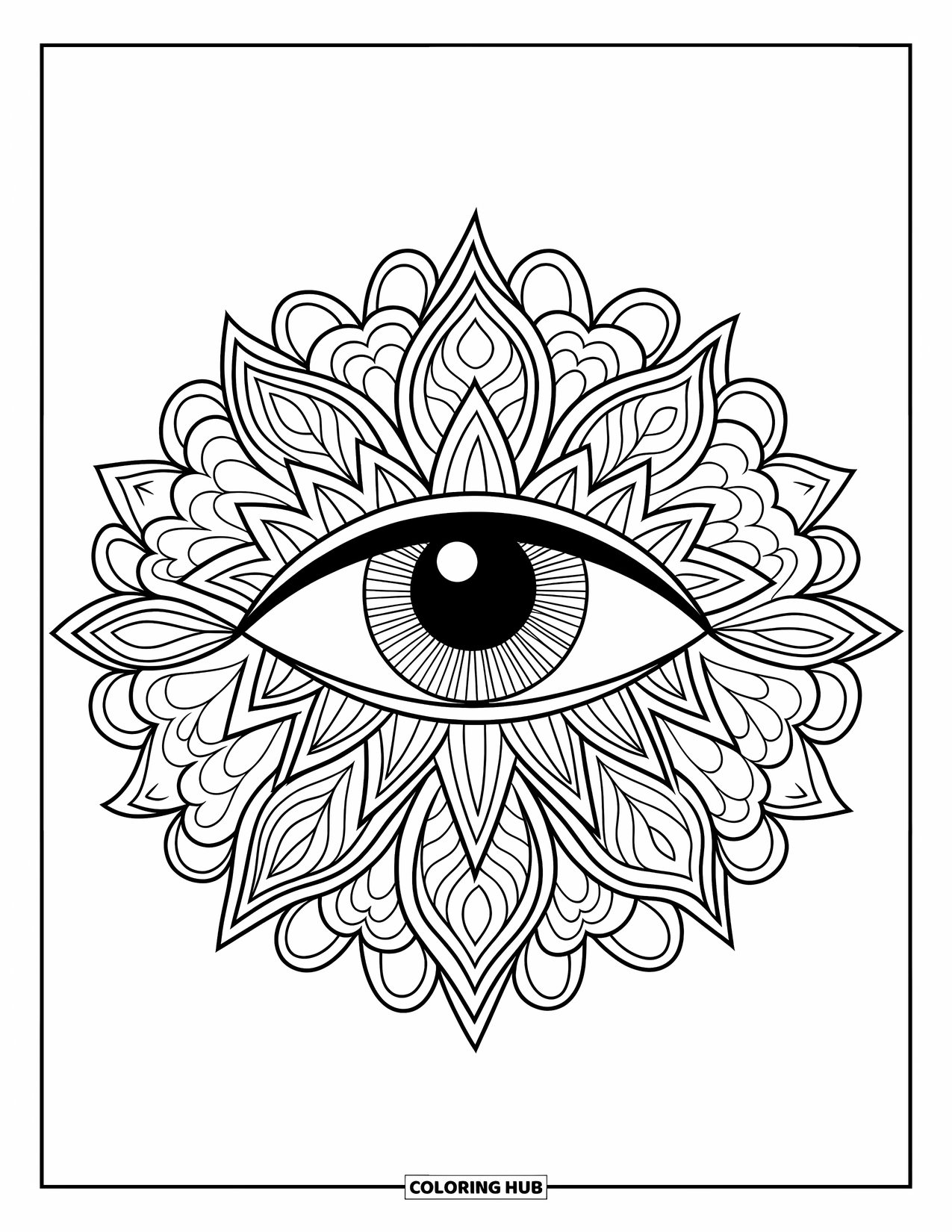 Eye Coloring Page for Adults: Closed eye surrounded by decorative border and detailed zentangle patterns