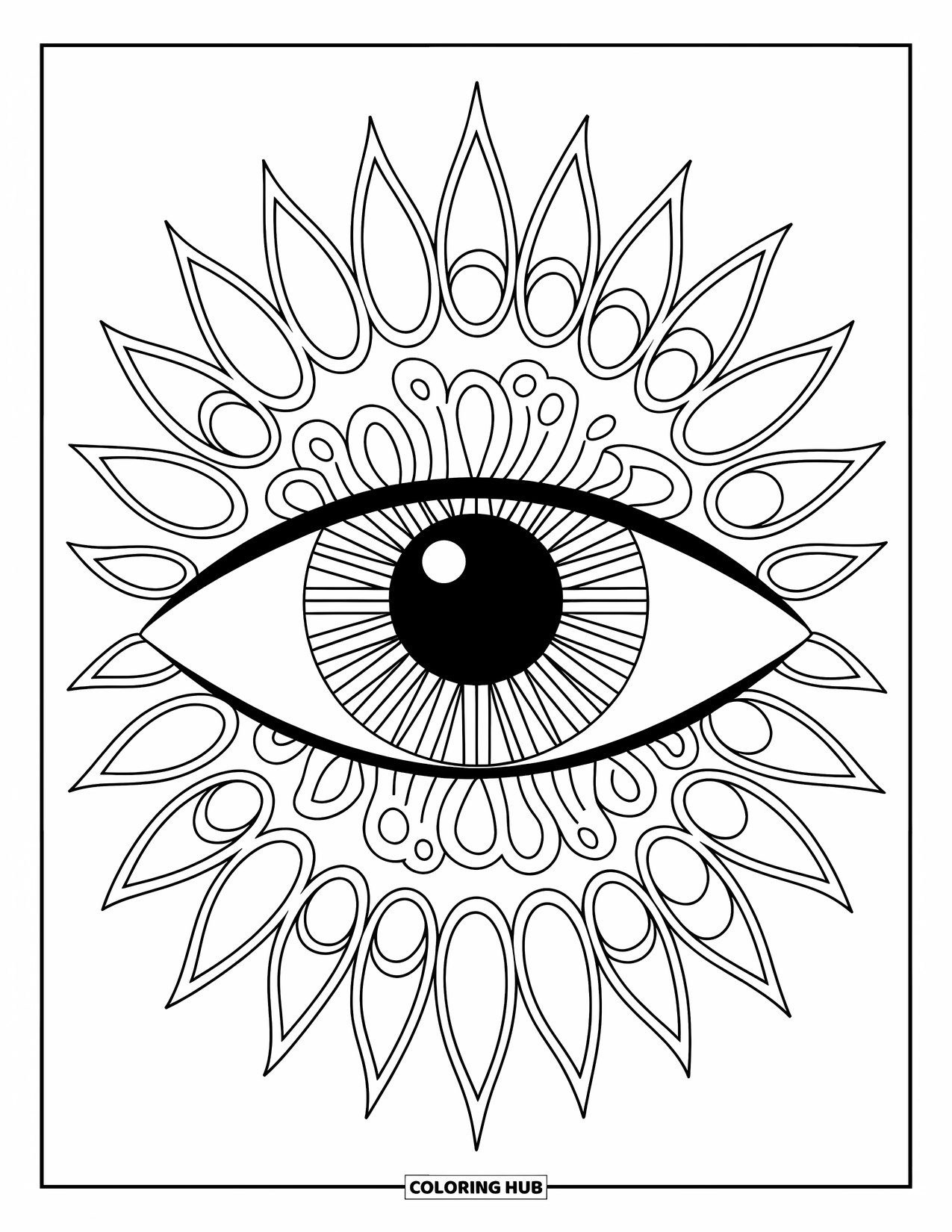 Eye Coloring Page for Adults: Closed eye with intricate radiating zentangle designs and clean outlines