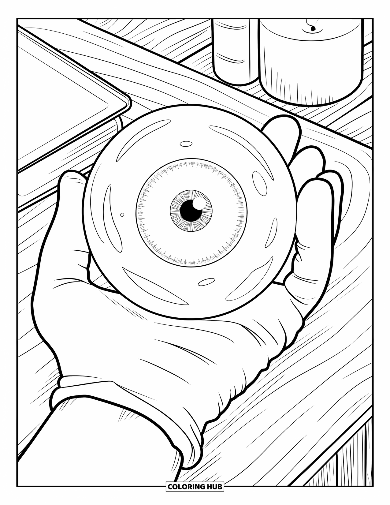 Eye Coloring Page for Adults: Crystal sphere with an eye held by a gloved hand on a wooden surface