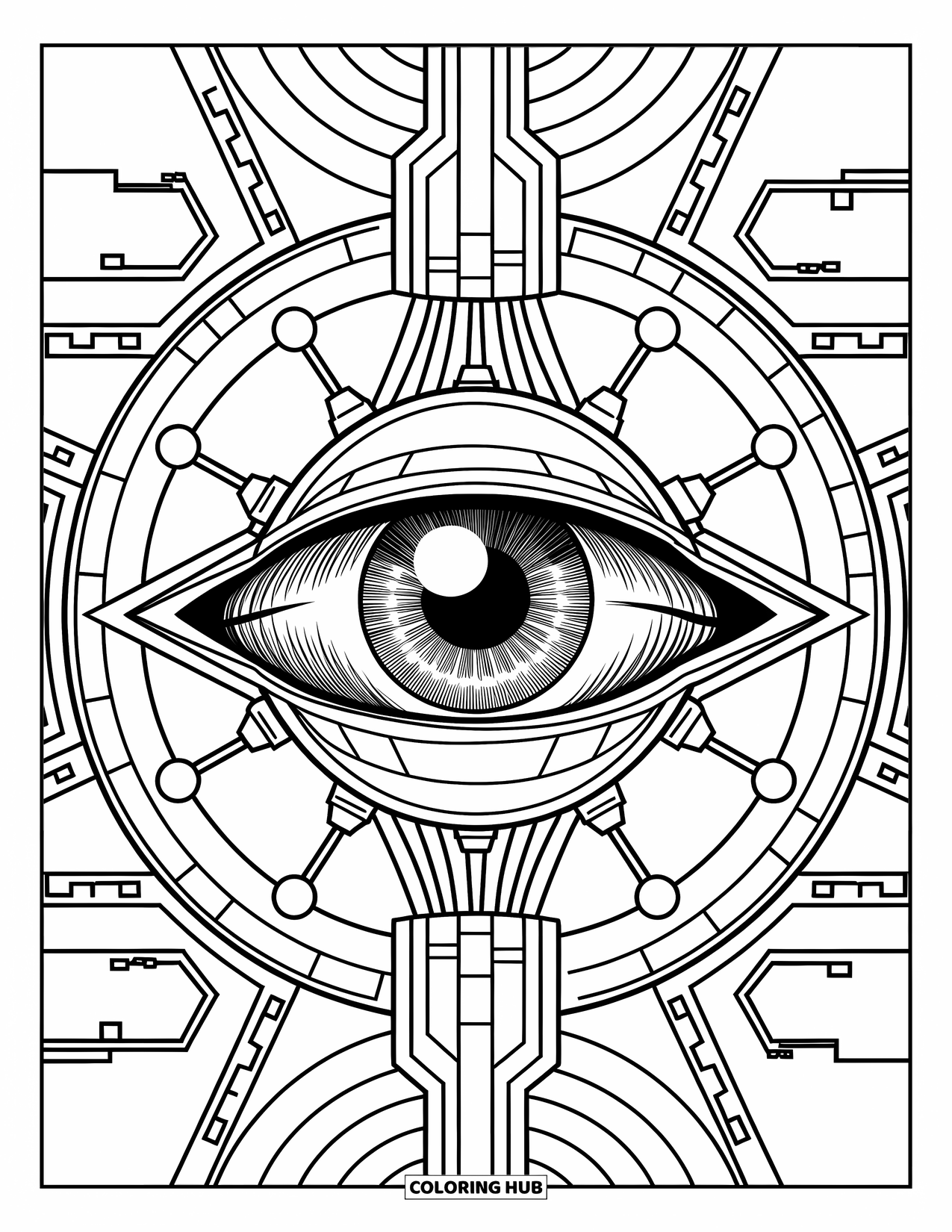 Eye Coloring Page for Adults: Detailed mechanical eye surrounded by gears and metal patterns
