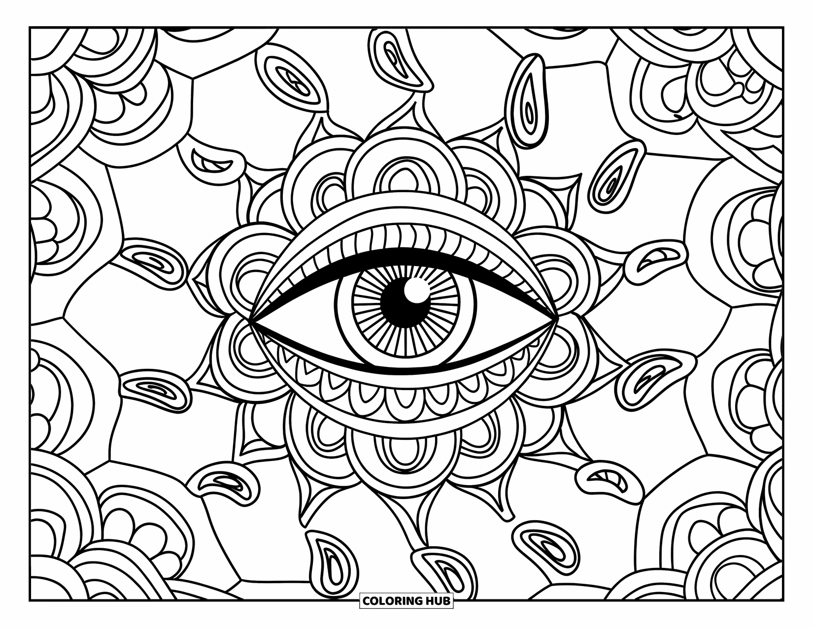 Eye Coloring Page for Adults: Intricate mandala with ornate central eye and paisley shapes throughout