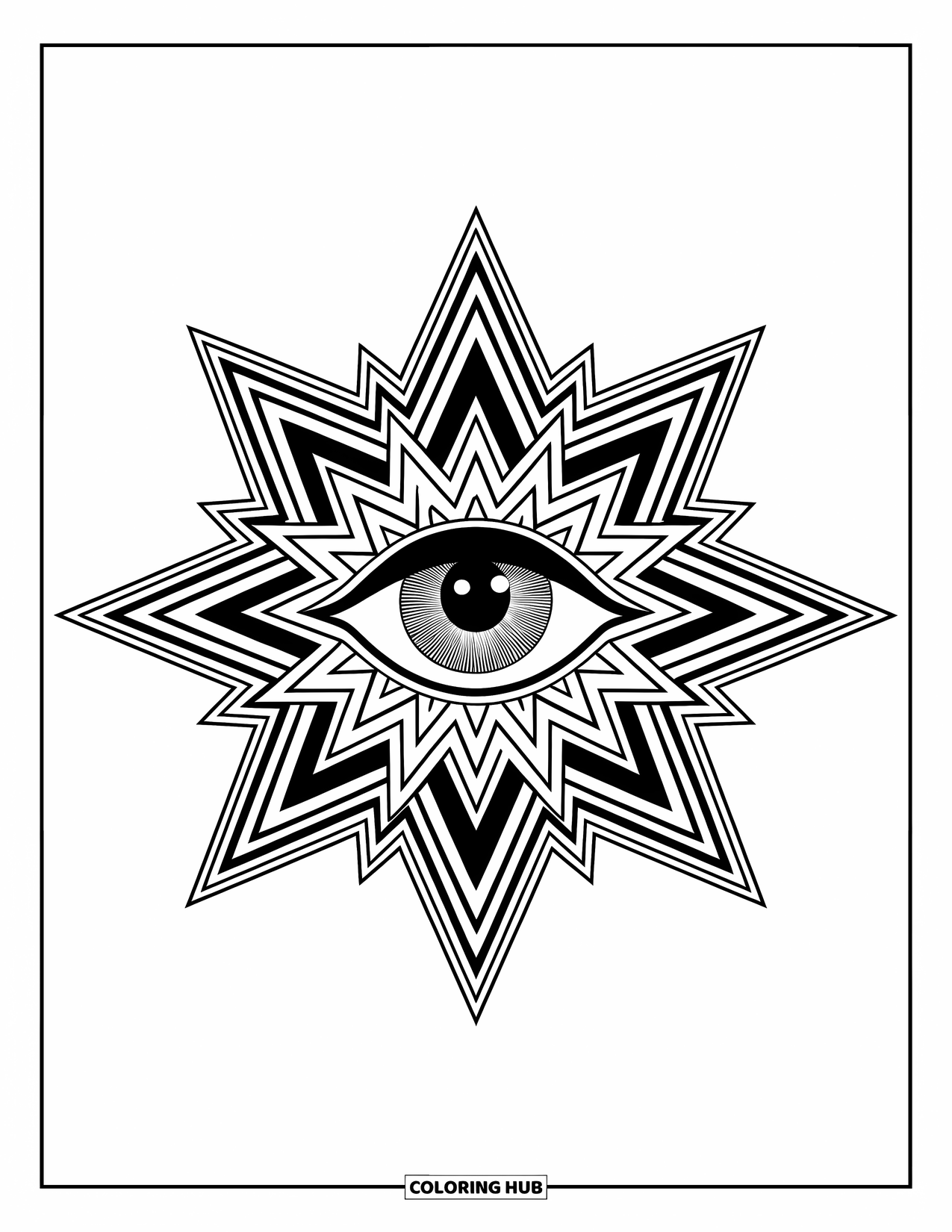 Eye Coloring Page for Adults: Intricate starburst with a mystical eye and layered geometric details