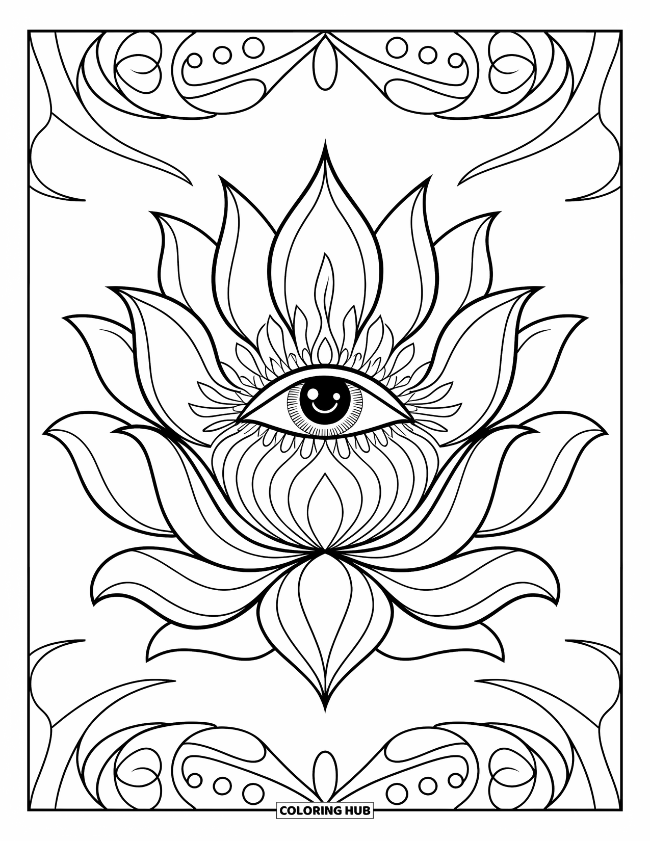 Eye Coloring Page for Adults: Lotus flower with a third eye framed by elegant flowing patterns