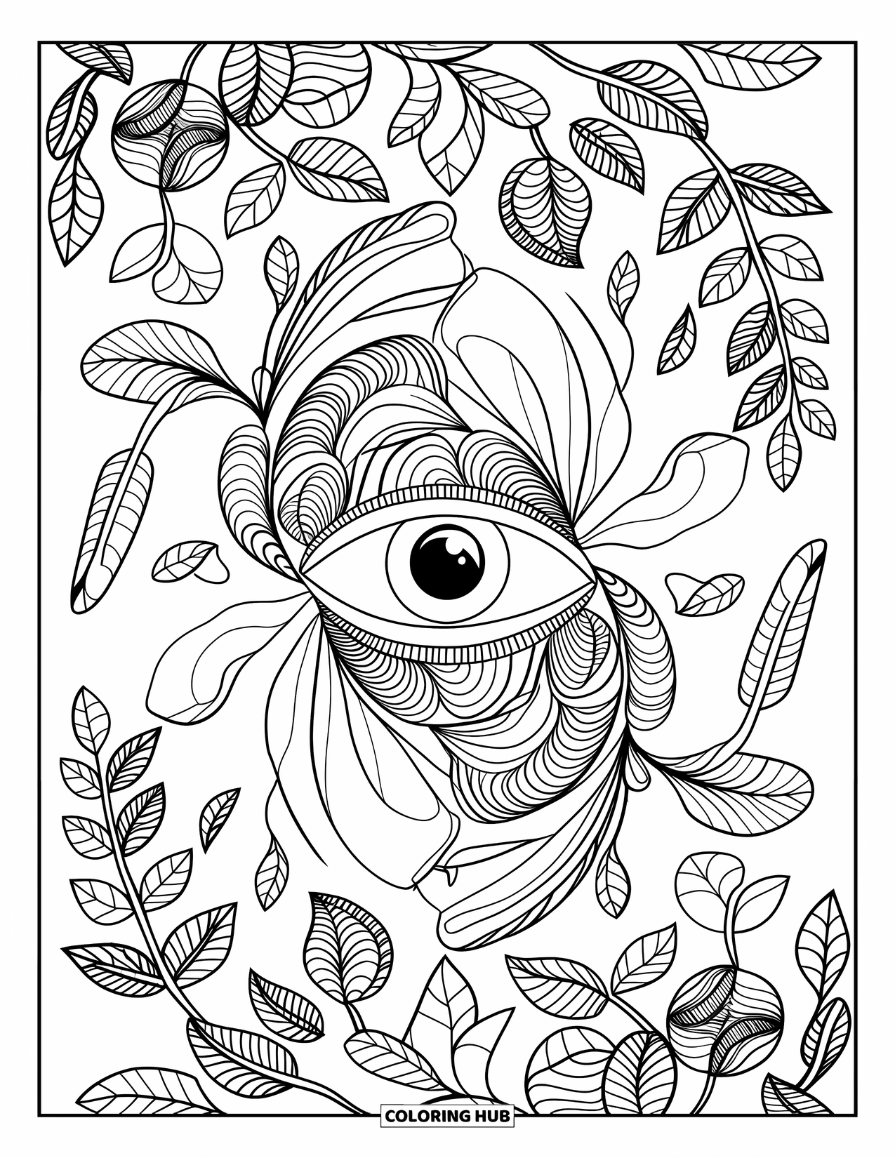 Eye Coloring Page for Adults: Mandala design with a central eye framed by feathers and nature patterns