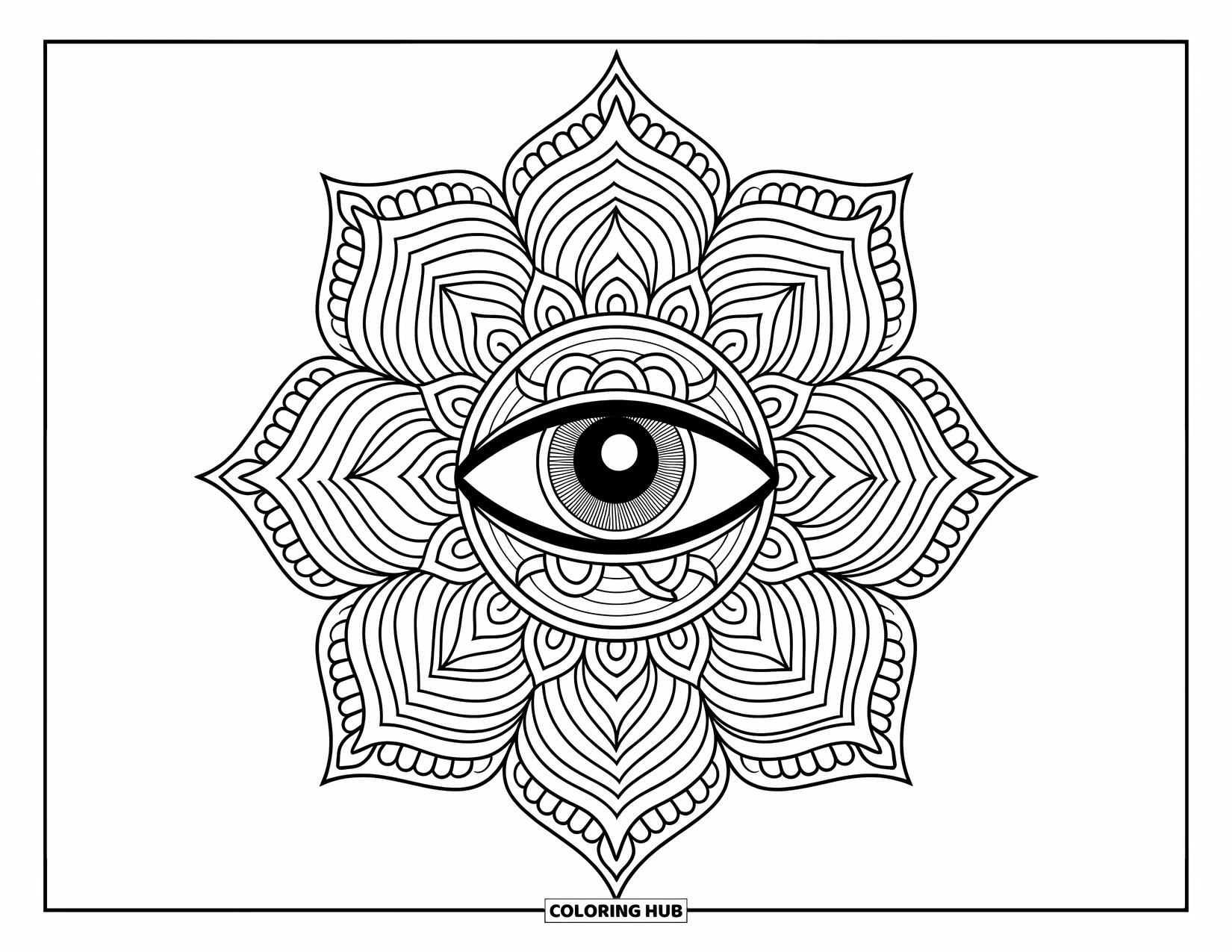 Eye Coloring Page for Adults: Mandala design with a central ornate eye framed by paisley details