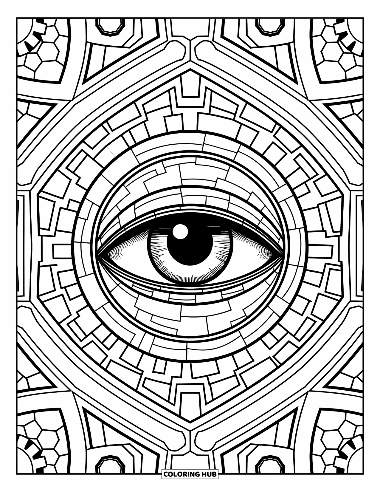 Eye Coloring Page for Adults: Mechanical eye with a glass lens framed by intricate gears and loops