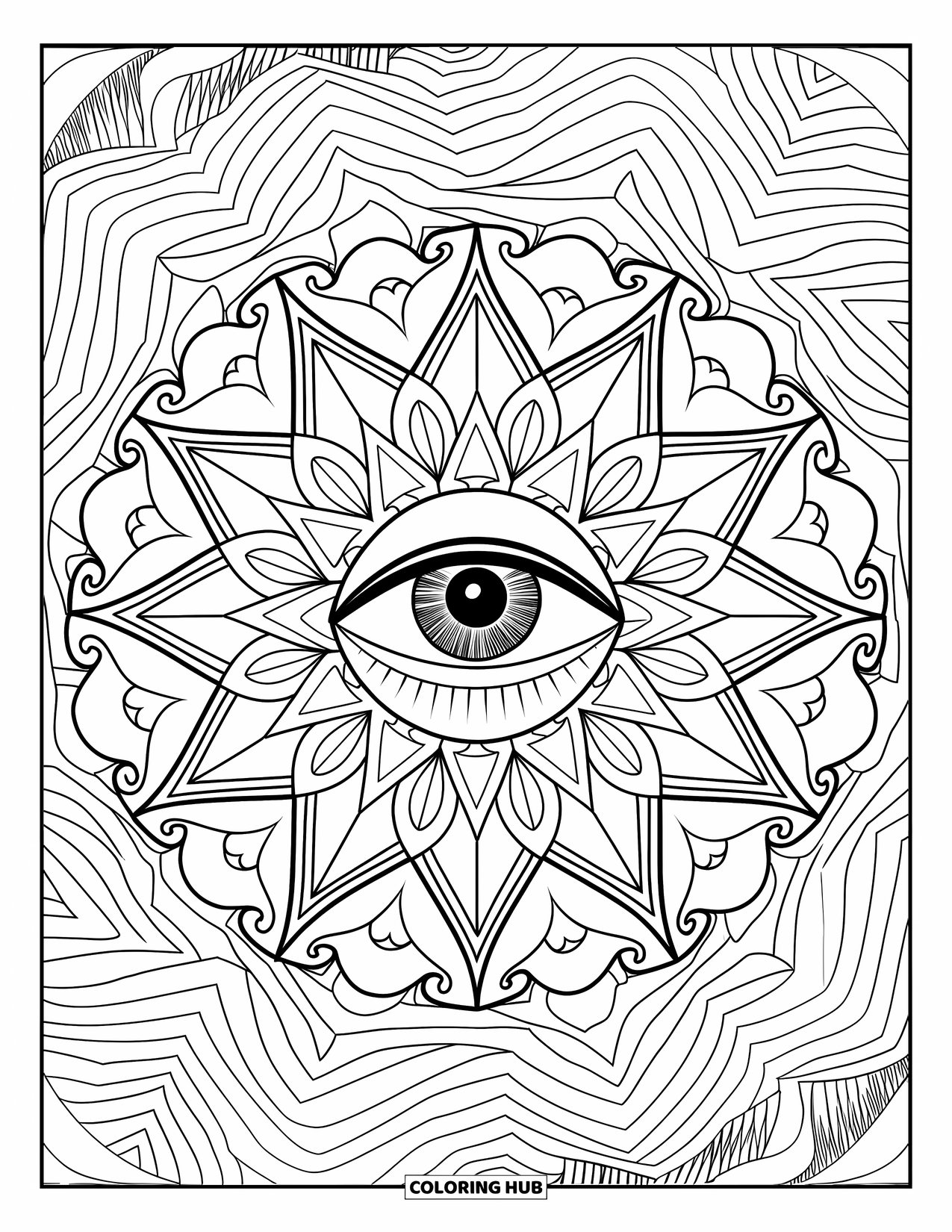 Eye Coloring Page for Adults: Mystical eye in a symmetrical starburst with swirling, textured patterns