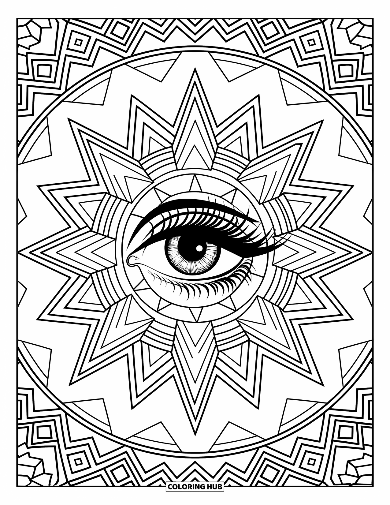 Eye Coloring Page for Adults: Mystical single eye centered in a detailed geometric starburst pattern