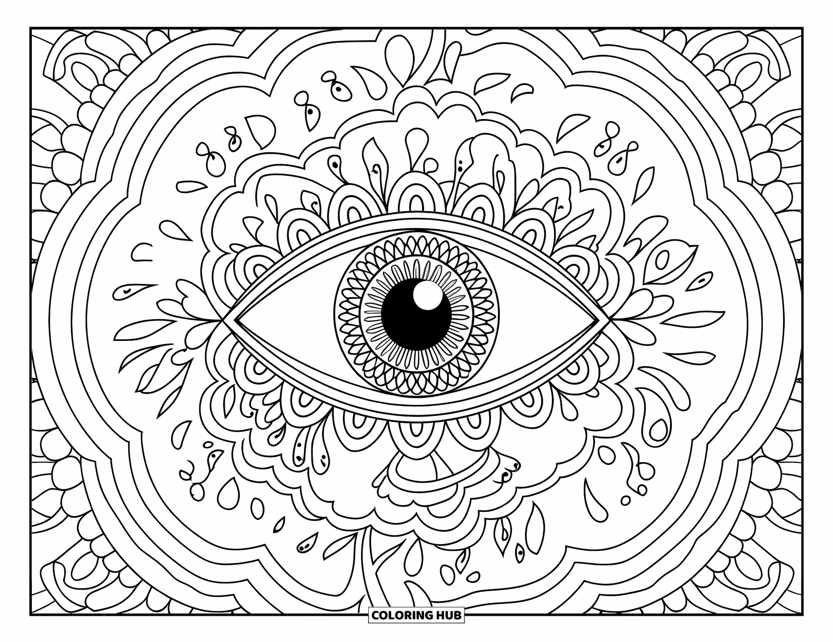 Eye Coloring Page for Adults: Ornate eye surrounded by layered mandala patterns with paisley accents