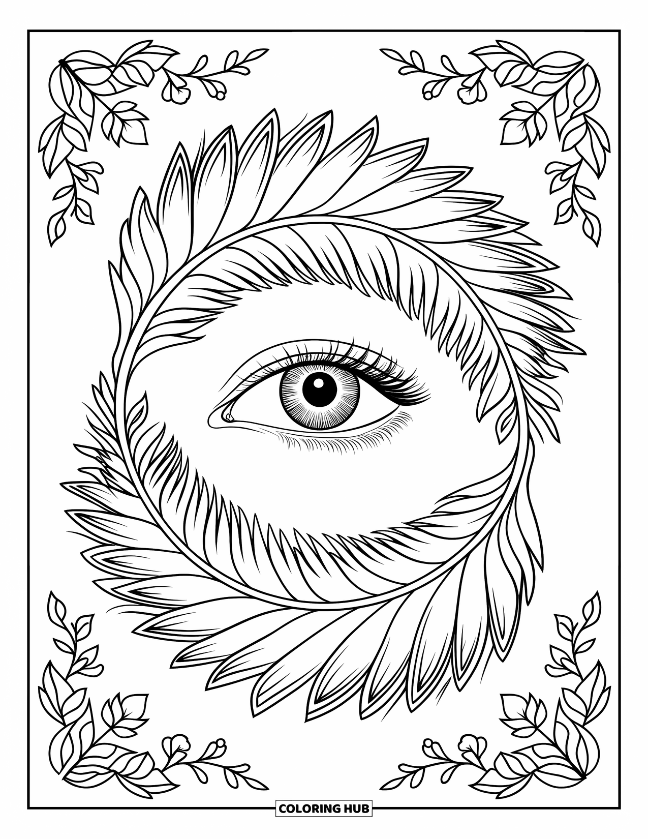 Eye Coloring Page for Adults: Single eye surrounded by swirling feathers, leaves, flowers, and vines