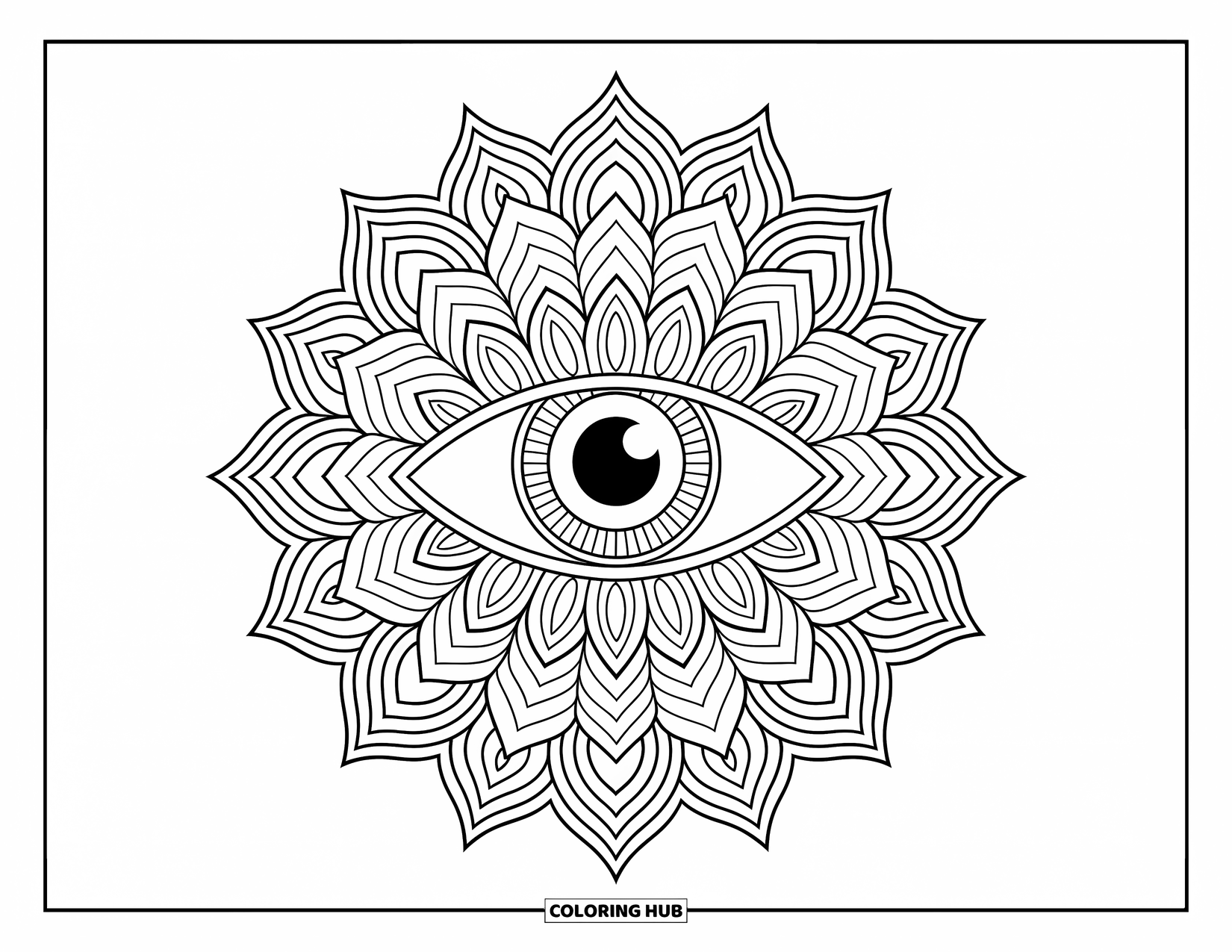 Eye Coloring Page for Adults: Single ornate eye within layered mandala patterns and paisley accents