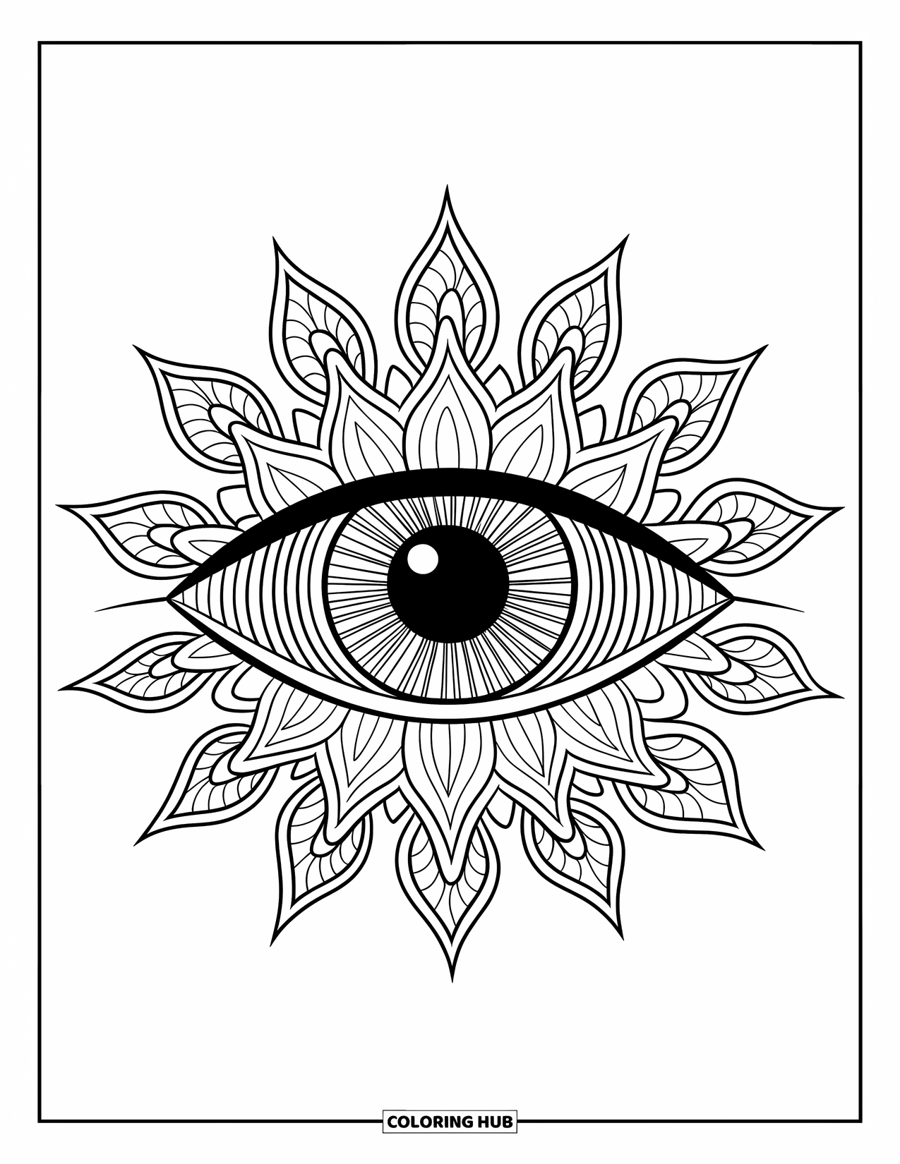 Eye Coloring Page for Adults: Stylized closed eye with zentangle patterns radiating outward