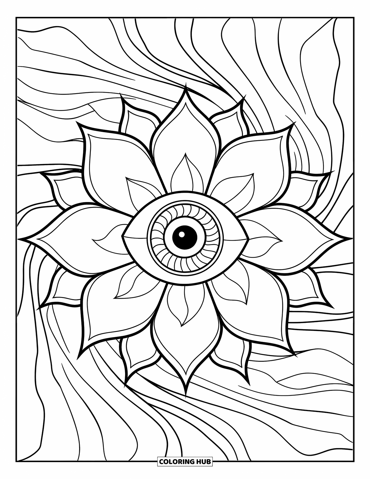 Eye Coloring Page for Adults: Third eye centered in a blooming lotus with flowing linework