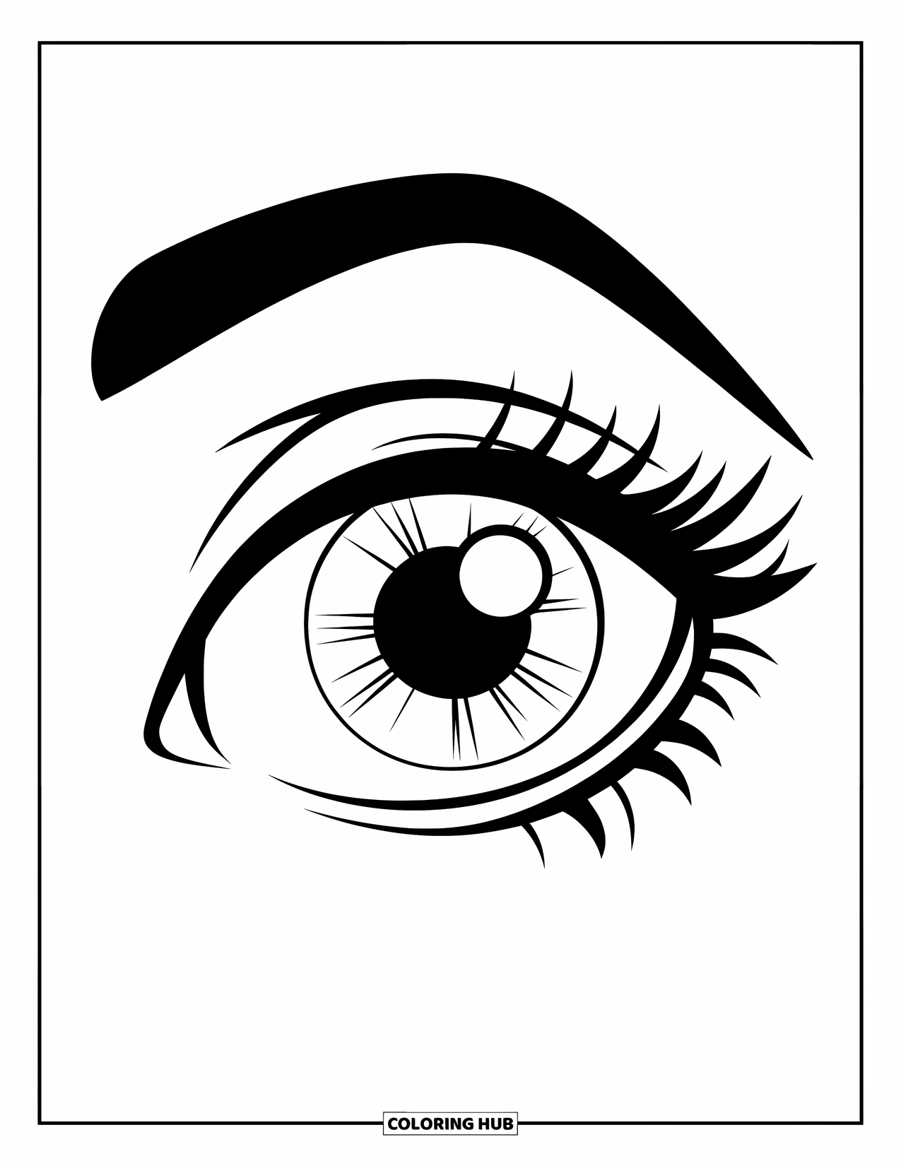 Eye Coloring Page for Kids: A blinking cartoon eye with a curved lid and detailed iris lines