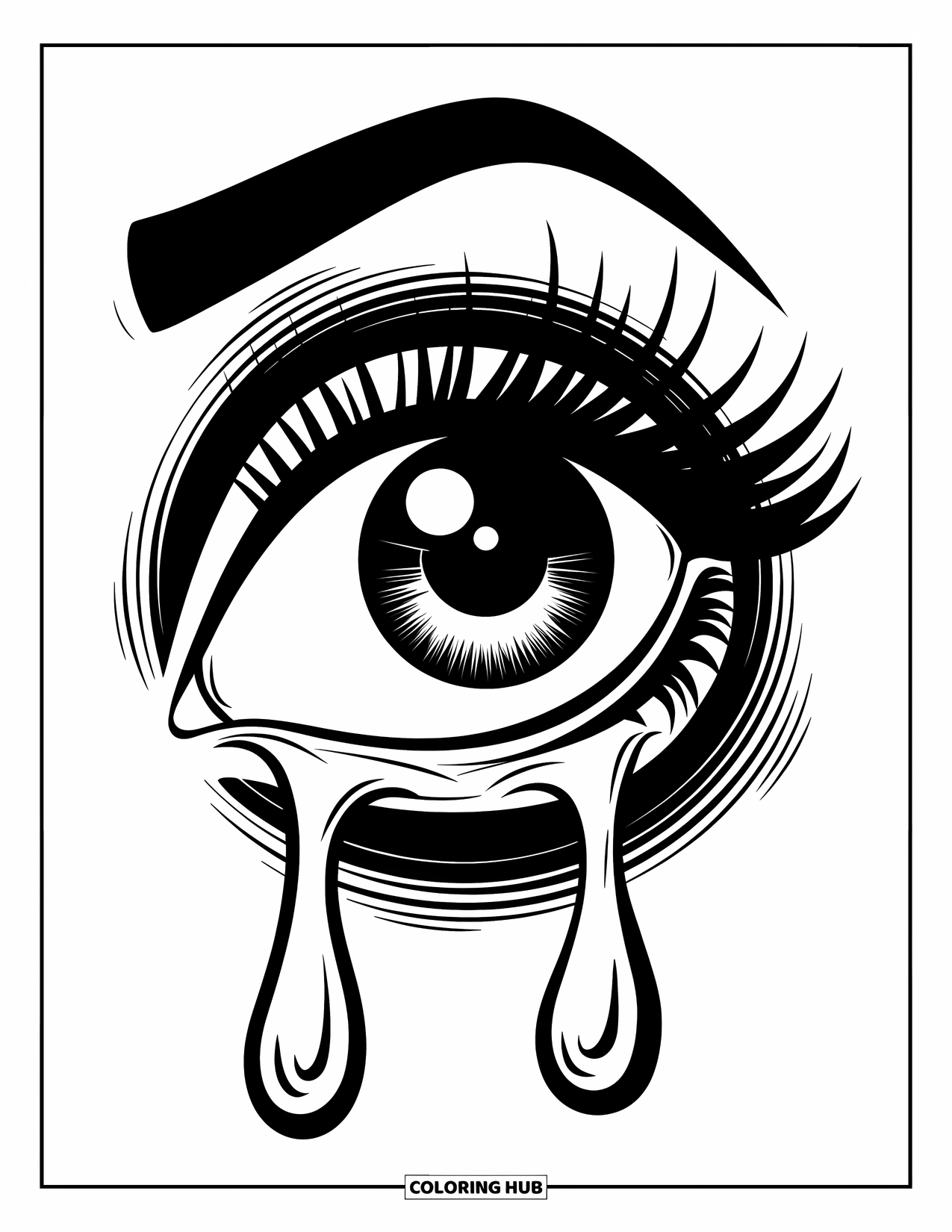 Eye Coloring Page for Kids: A blinking cartoon eye with long lashes and tears rolling down