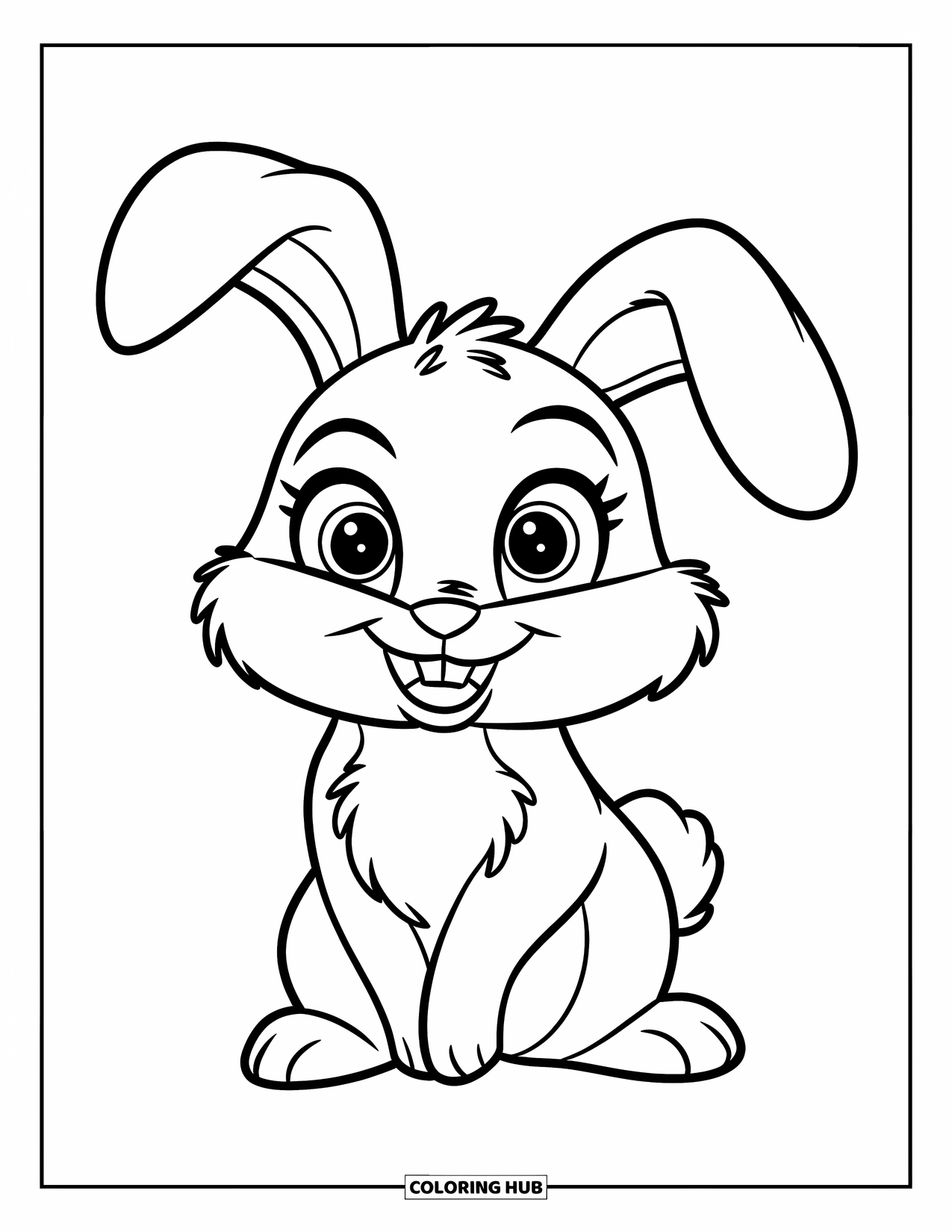 Eye Coloring Page for Kids: A bunny with floppy ears and giant friendly eyes sits upright