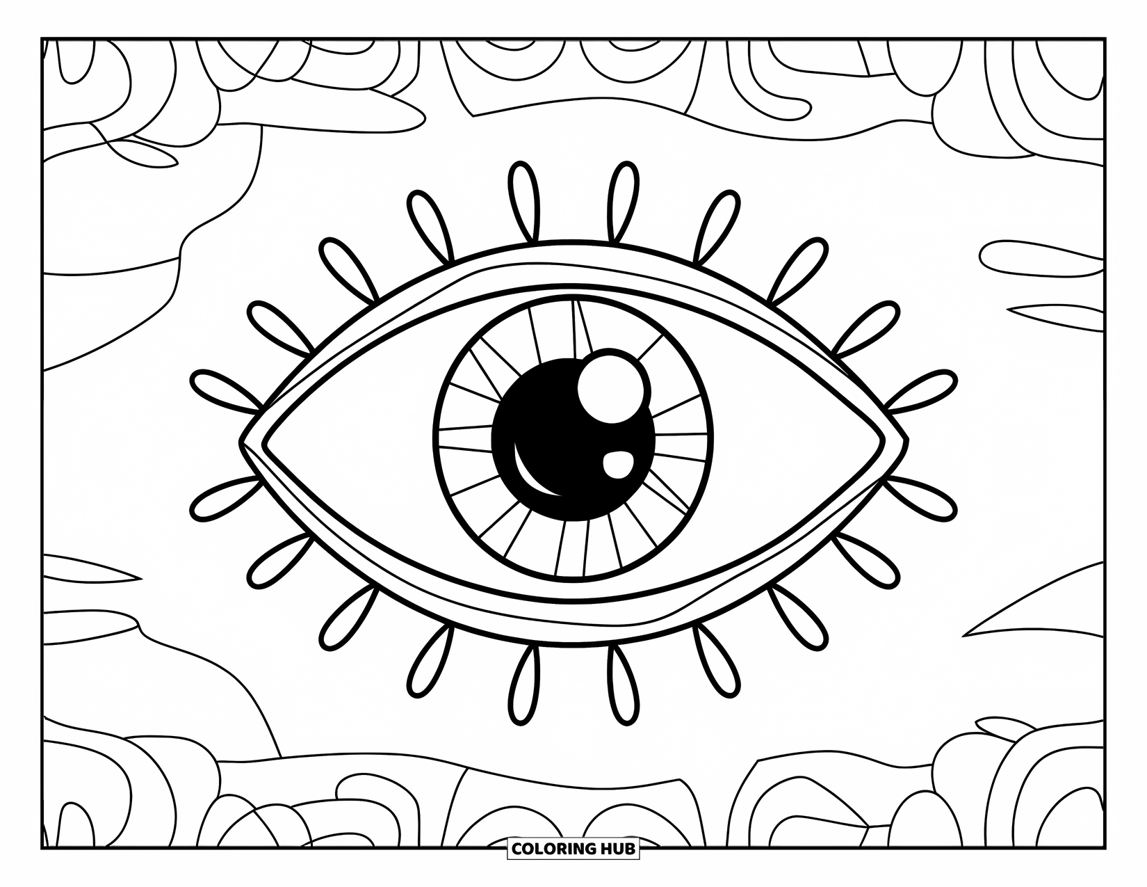 Eye Coloring Page for Kids: A centered cartoon eye with a cheerful and playful design