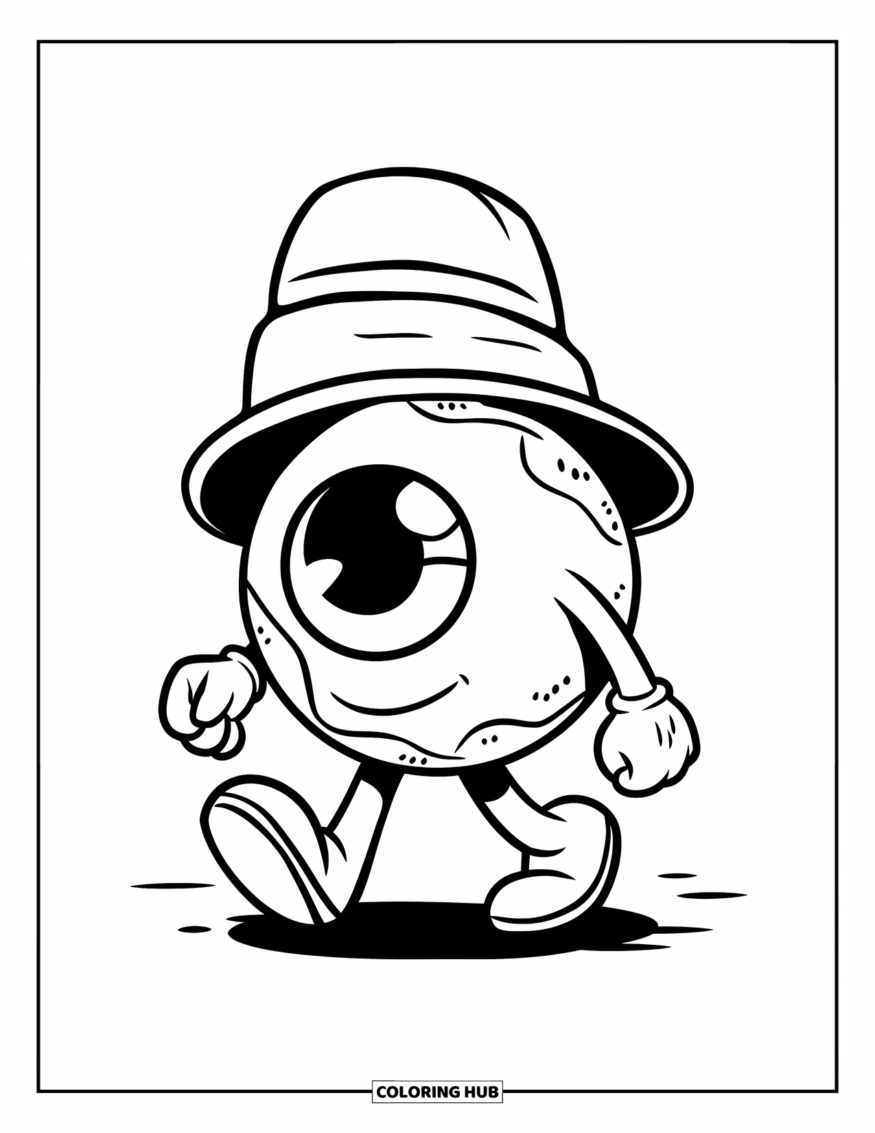 Eye Coloring Page for Kids: A cheerful eyeball with short legs and a hat walks alone with a smile