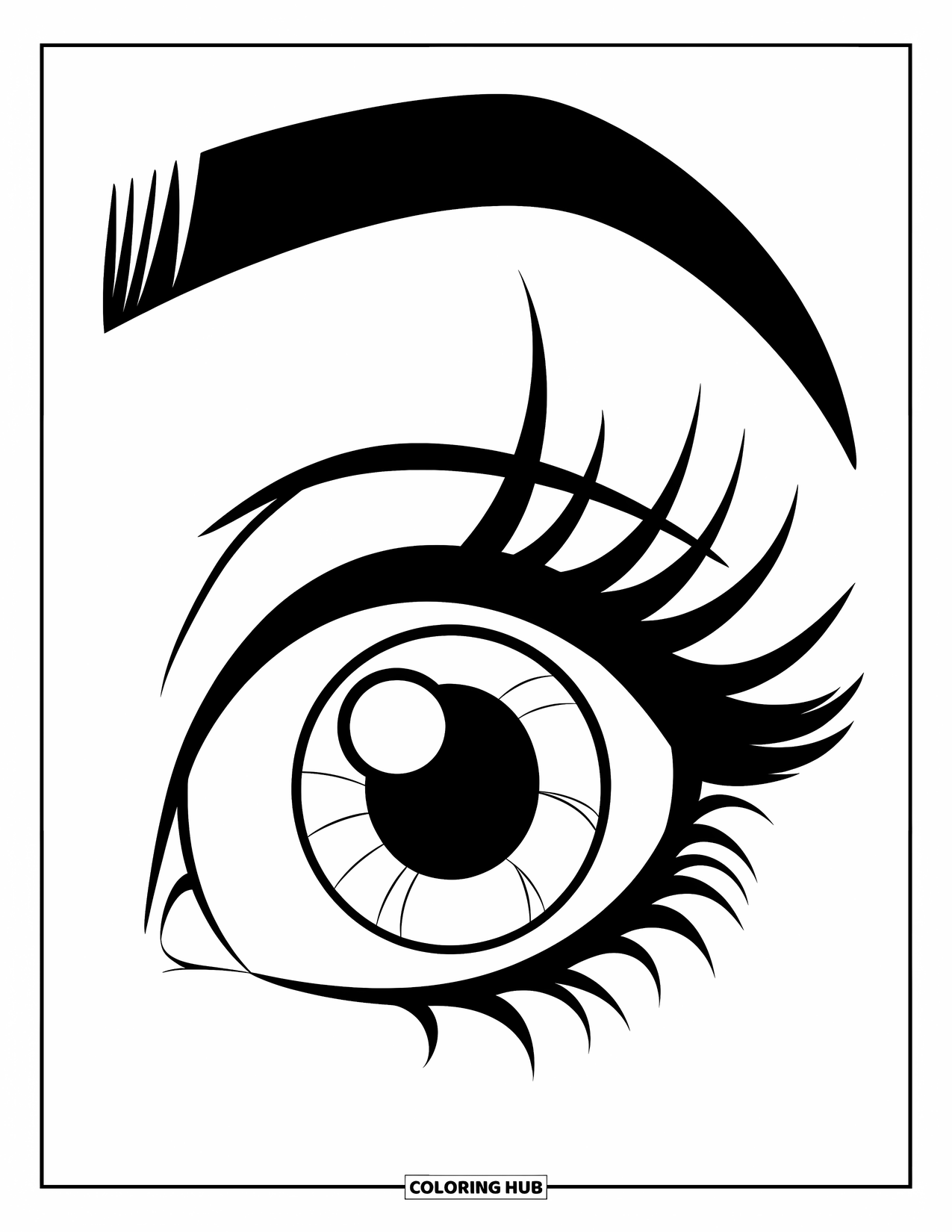Eye Coloring Page for Kids: A close-up of a blinking cartoon eye framed by thick lashes