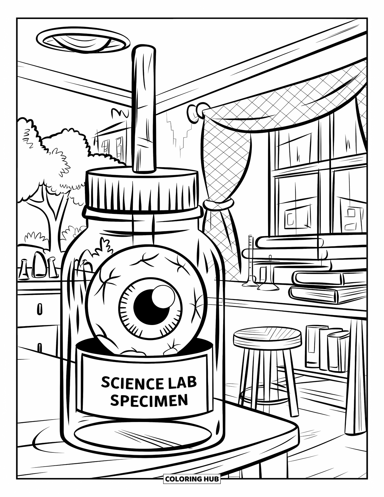 Eye Coloring Page for Kids: A cozy lab scene with an eyeball jar, a stool, books, and a window view