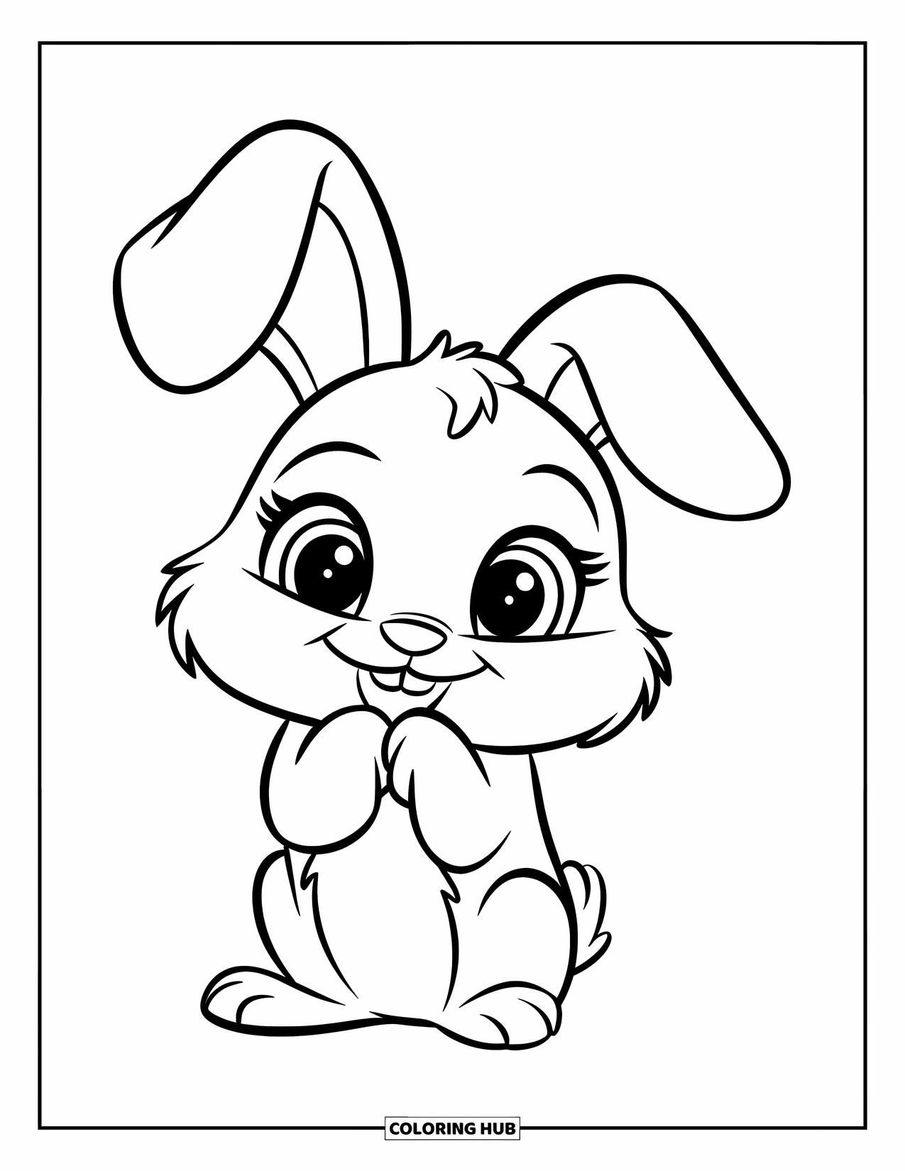 Eye Coloring Page for Kids: A cute bunny with floppy ears holds its cheeks with big, bright eyes