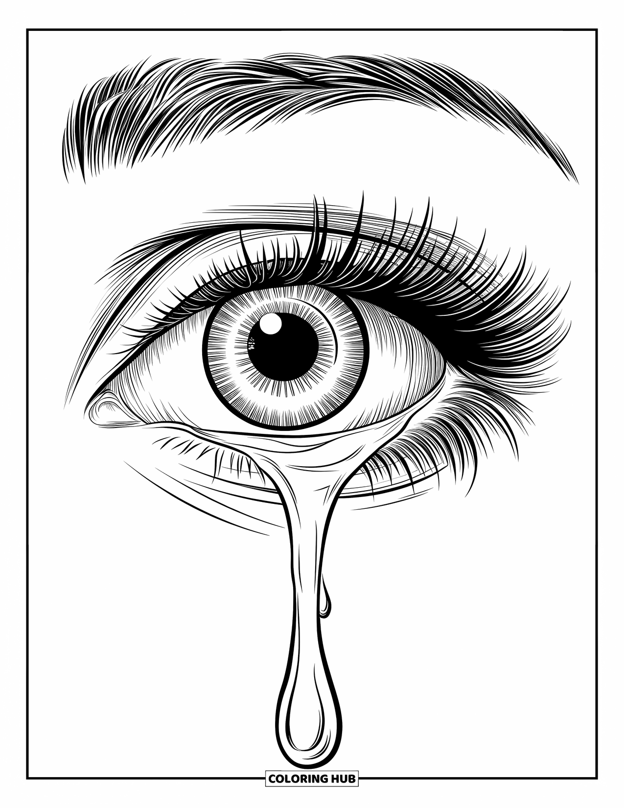 Eye Coloring Page for Kids: A detailed eye with a curved tear slowly falling