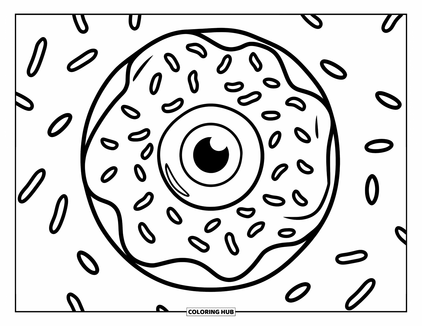 Eye Coloring Page for Kids: A donut featuring a cartoon eye surrounded by playful sprinkles
