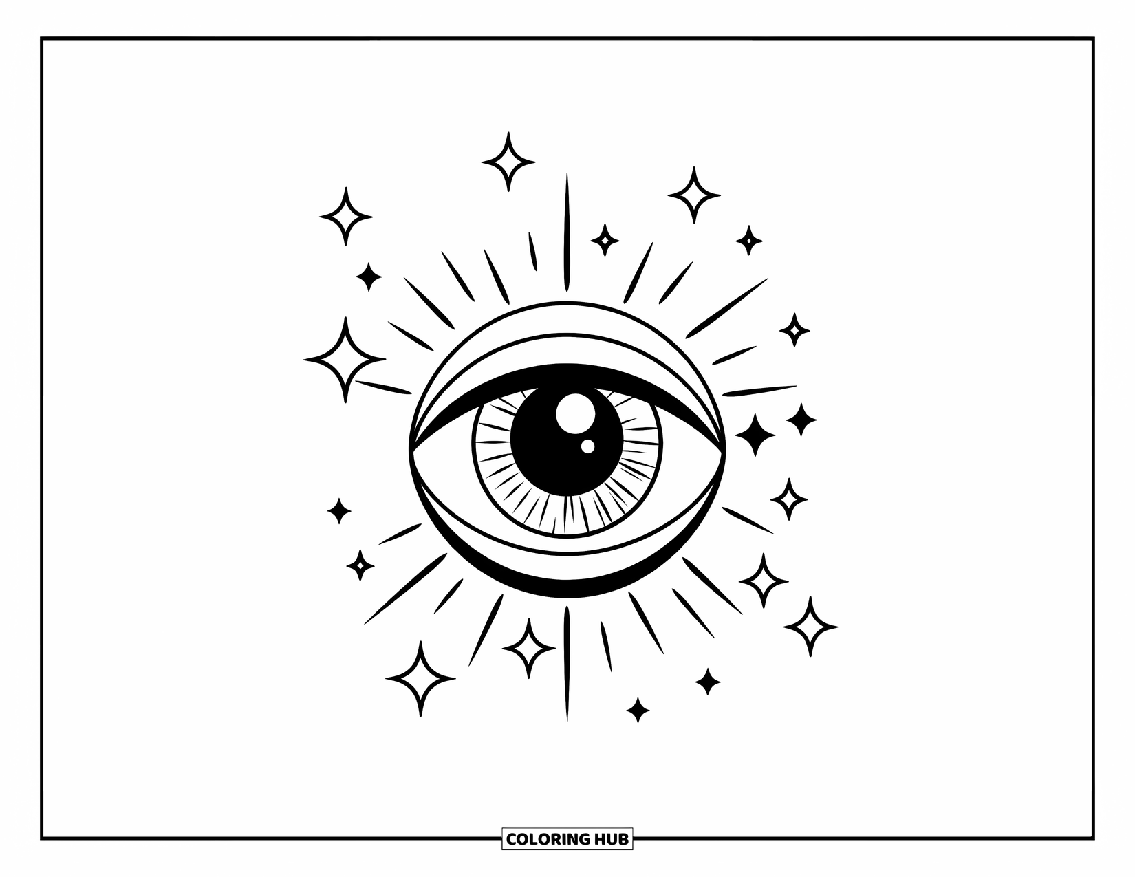 Eye Coloring Page for Kids: A floating eye surrounded by sparkles and tiny stars