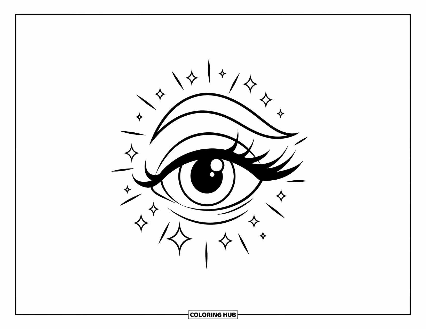 Eye Coloring Page for Kids: A floating eye with a curved brow and radiating stars