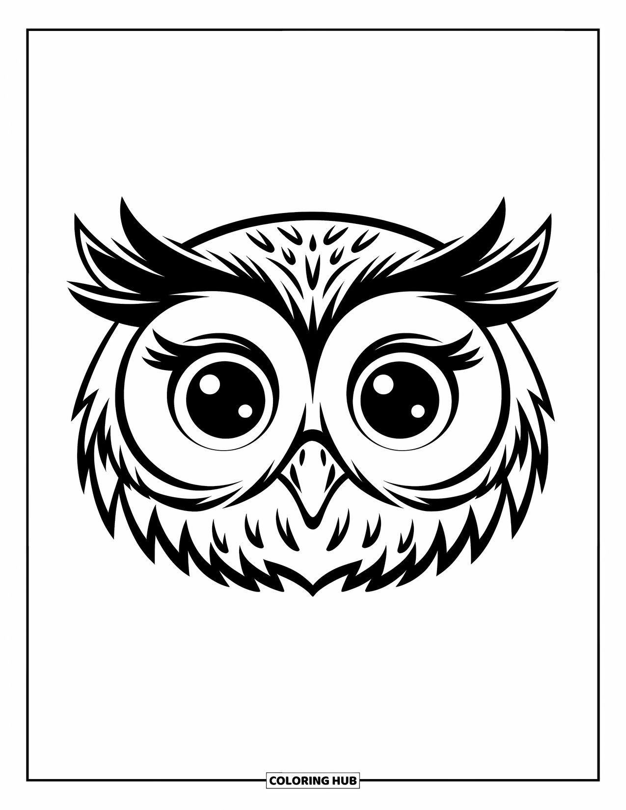 Eye Coloring Page for Kids: A forward-looking owl face with two big, round eyes