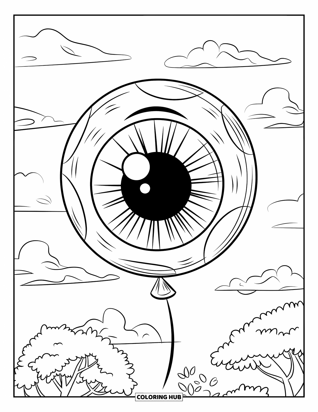 Eye Coloring Page for Kids: A friendly eyeball balloon floats among clouds and trees