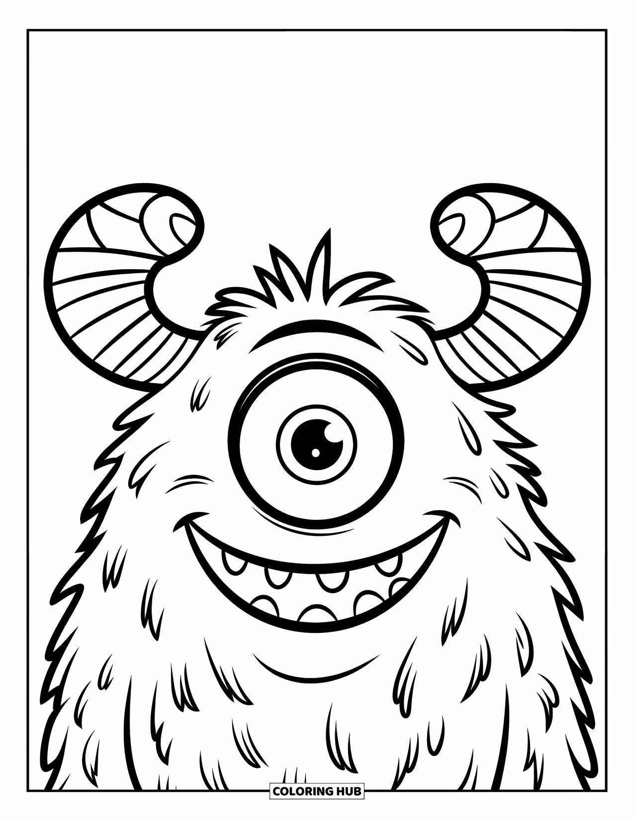 Eye Coloring Page for Kids: A friendly one-eyed monster with round ears and a wide smile